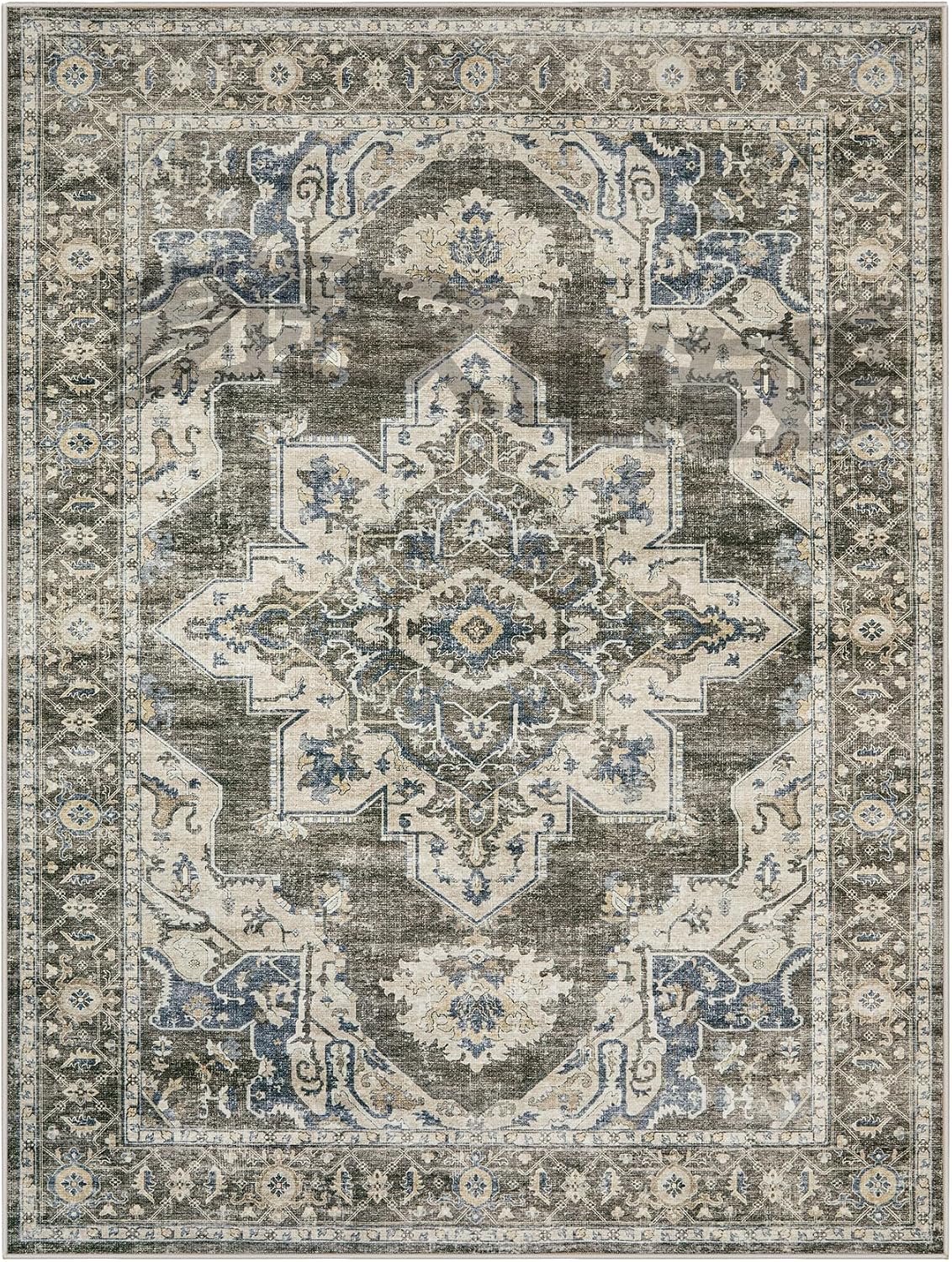 8x10 Area Rugs for Living Room Bedroom: Large Washable Rug with Non-Slip Backing Non-Shedding Stain Resistant, Boho Floral Large Carpet for Dining Room Nursery Home Office Indoor Brown/Green
