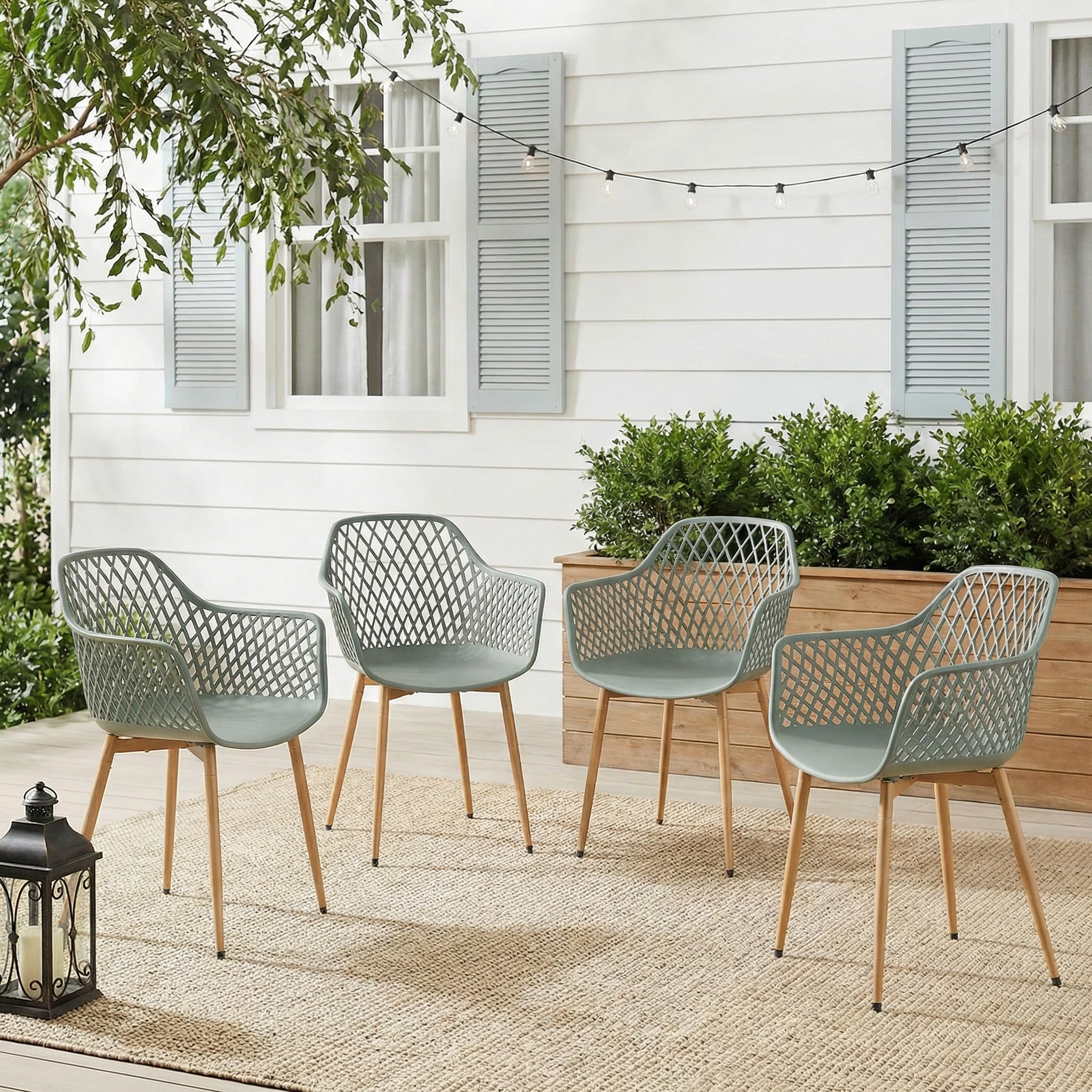 buybyroom Chaise de Jardin Exterieur Lot de 6, Chaise Plastique avec Accoudoir et Pied en Métal, Fauteuil Jardin Exterieur pour Terrasse,Balcon,Salle a Manger,Salon,Dossier à Design Ajouré,Grise-verte