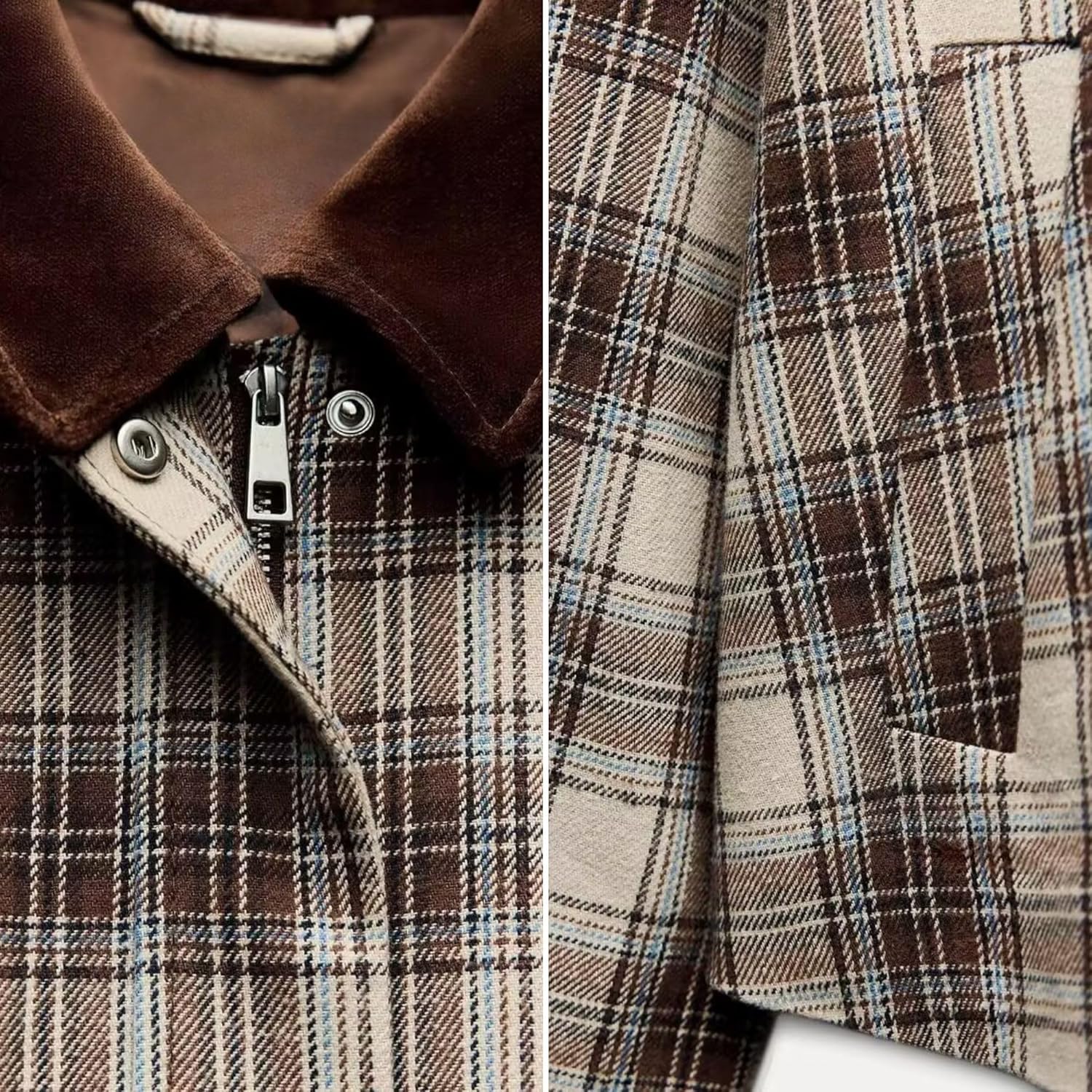 Chevara Women’s Cropped Plaid Jacket Vintage Lapel Collar Long Sleeve Zip Up Outerwear Coat with Pockets - Image 5