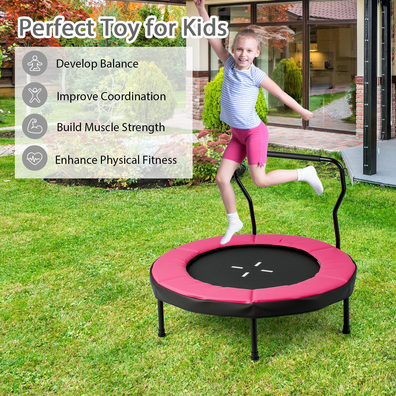LIFEZEAL Trampolino Elastico Interno, Esterno per Bambini, Tappeto Elastico Fitness, Saltarello, Salta, Pieghevole, Ø102x77cm, con Maniglia Rimovibile, Bordo Protettivo, in Metallo, Max 100kg