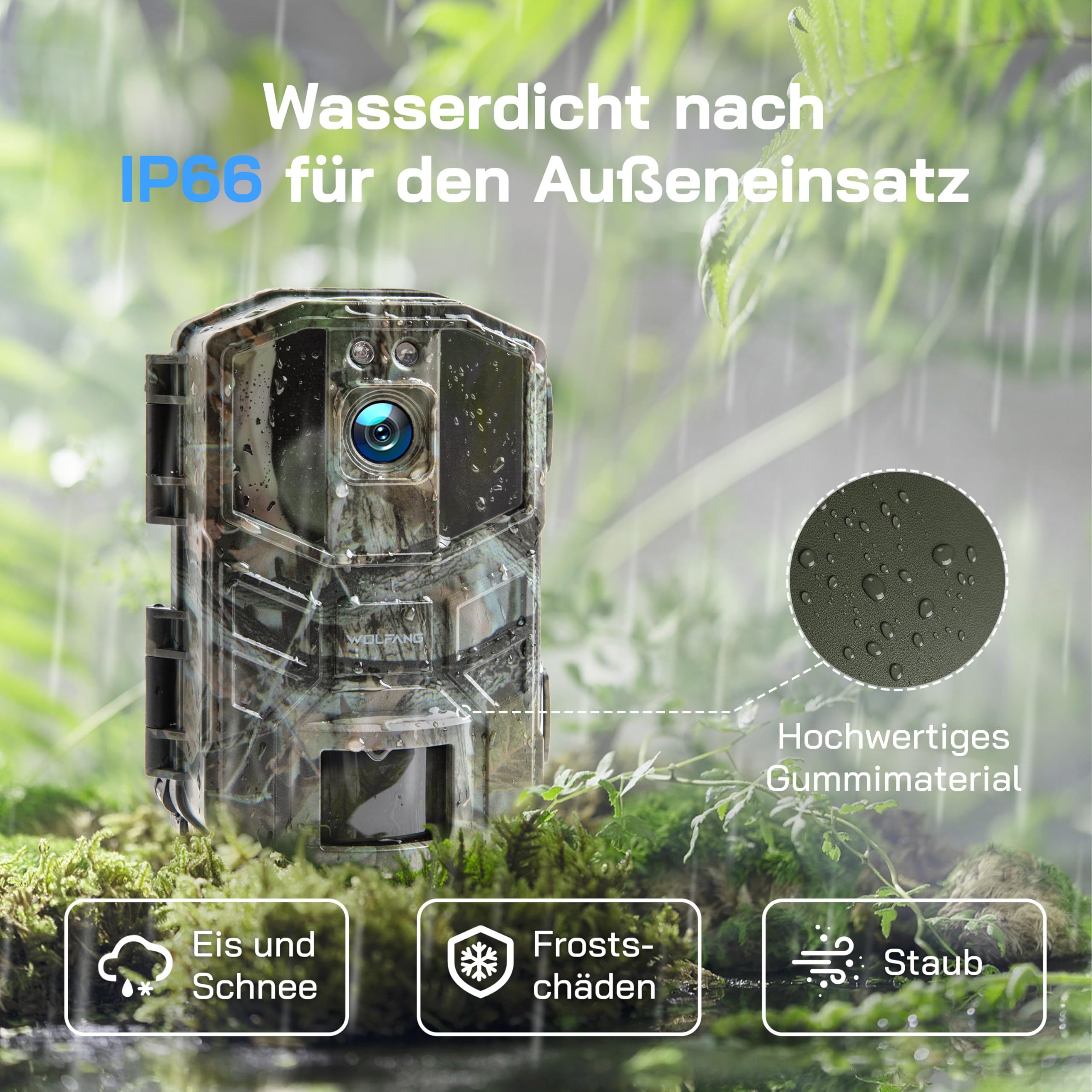 WOLFANG Wildkamera 4K HD, 64MP Full HD WLAN Wildtierkamera mit App, Jagdkamera mit Nachtsicht, Bewegungssensor, IP66 Wasserdicht, 0,1s Auslösezeit für Wildtieraufnahmen