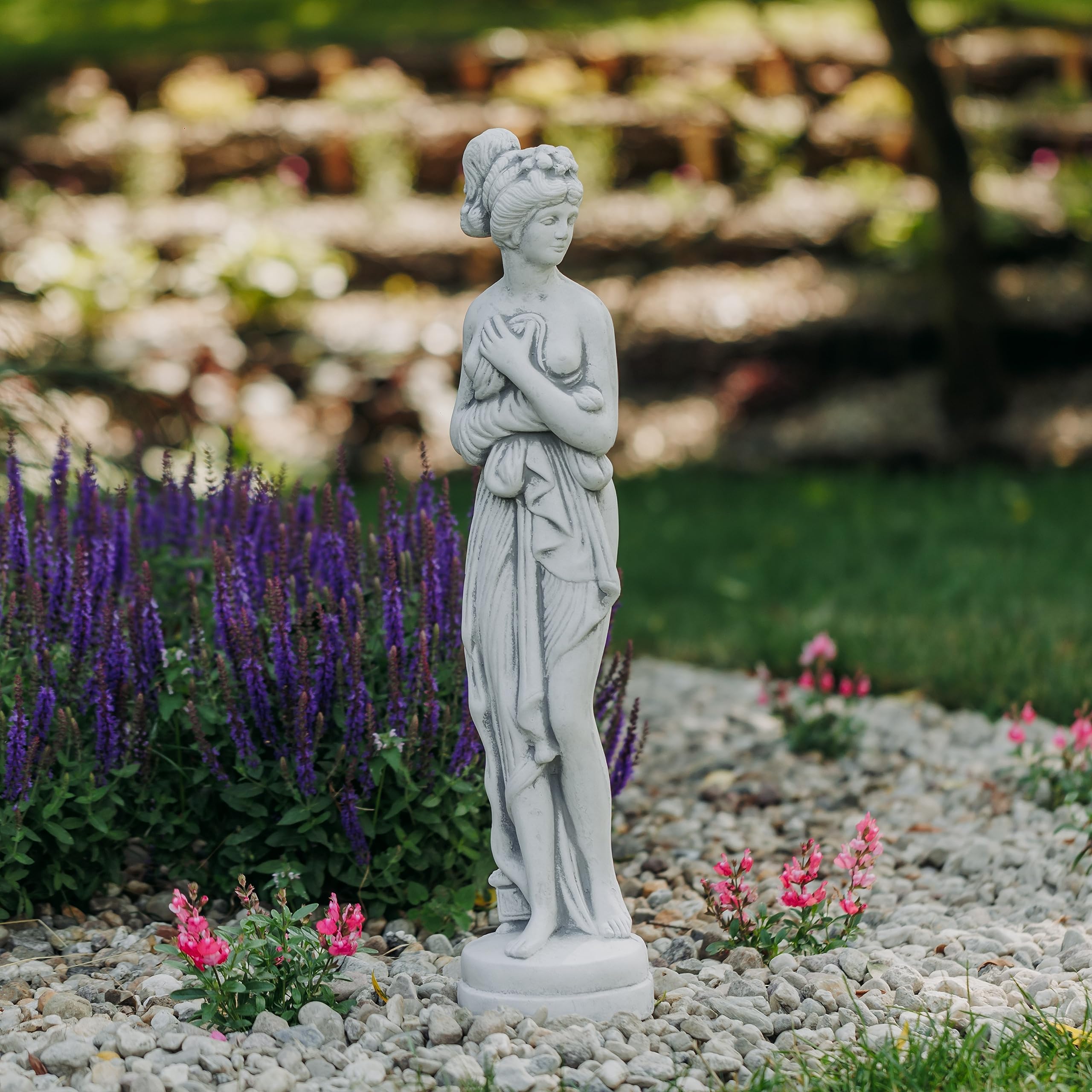 gartendekoparadies.de Statue der Pandora auf Rundem Sockel, Steinfigur, Grau, Frostsicher aus Steinguss, H. 73 cm, 12 kg für Außenbereich