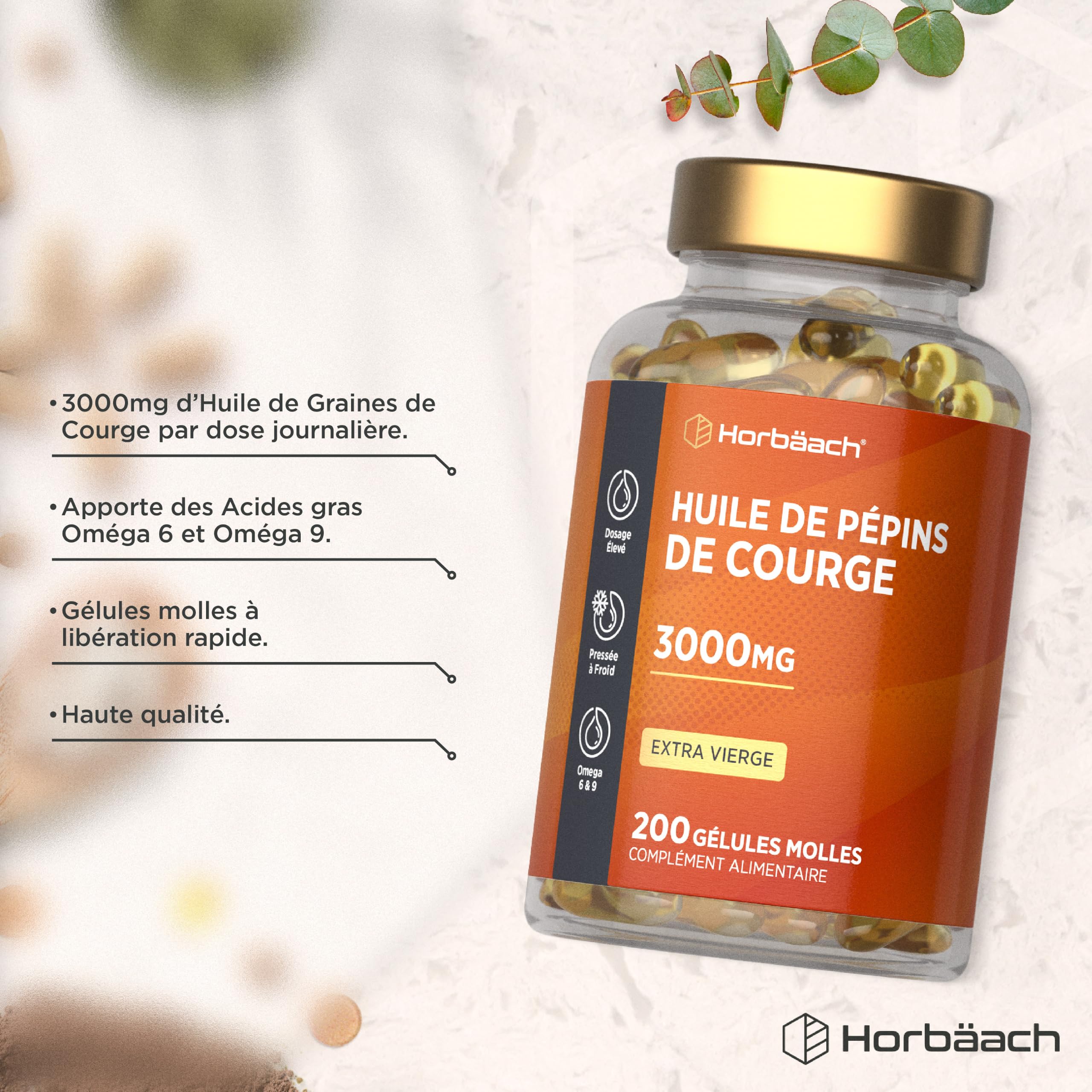 Huile de Pépin de Courge 3000mg | Pumpkin Seed Oil | 200 gélules | Huile de Graines de Citrouille | Pressé à froid et extra vierge | Horbaach