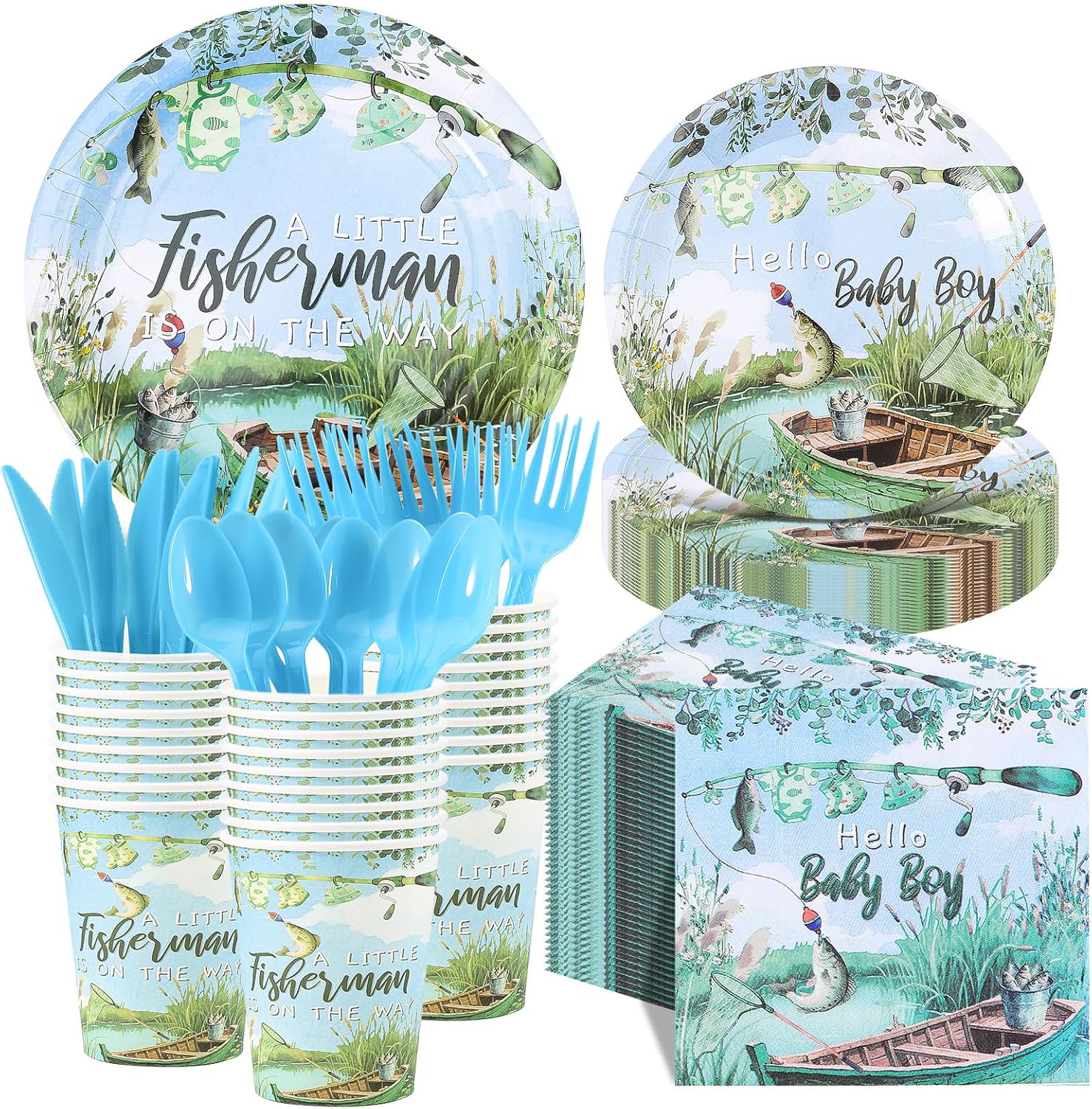 168Pcs A Little Fisherman is On The Way Fishing Baby Shower Plates and Napkins Party Supplies Fishing Baby Shower Party Decorations for Boys 1st Birthday Favors Serve 24 Guests