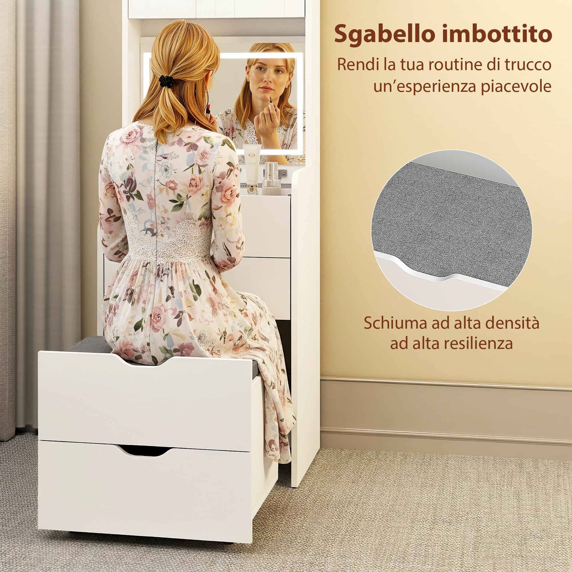 HOMCOM Postazione Trucco con Luci LED a 3 Colori, Specchio a Ribalta, Toeletta Trucco Moderna con Sgabello Imbottito a Scomparsa, 3 Cassetti, Armadietto con Ante in Vetro, Scomparto, Bianco