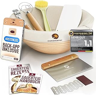 Superbaking Gärkörbchen Rund - 9 Zoll Rattan Sauerteig Brot Gärkorb - 9-Teiliges Komplettes Sauerteig Starter Set Brotkörbchen Brot Backen Zubehör Sauerteig Starter Kit, Brotform Banneton Gärkorb Set