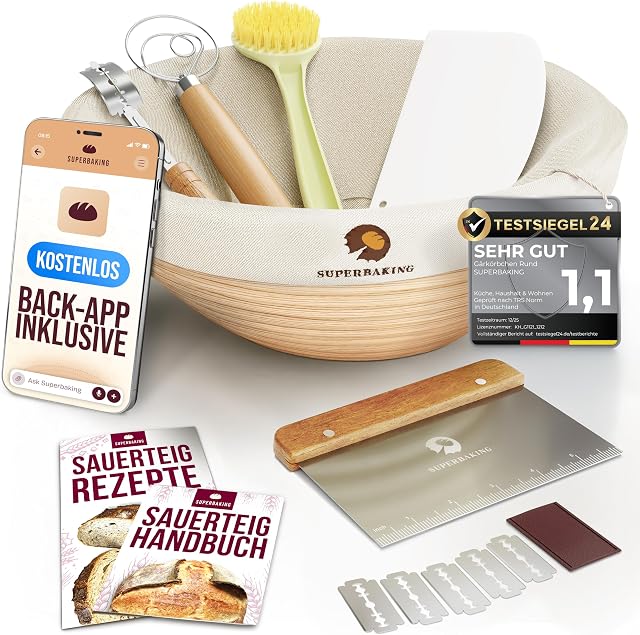 Low Carb Leinsamen-Quark-Brot Thermomix®: ohne Mehl 2 Superbaking Gärkörbchen Rund - 9 Zoll Rattan Sauerteig Brot Gärkorb - 9-Teiliges Komplettes Sauerteig Starter Set Brotkö