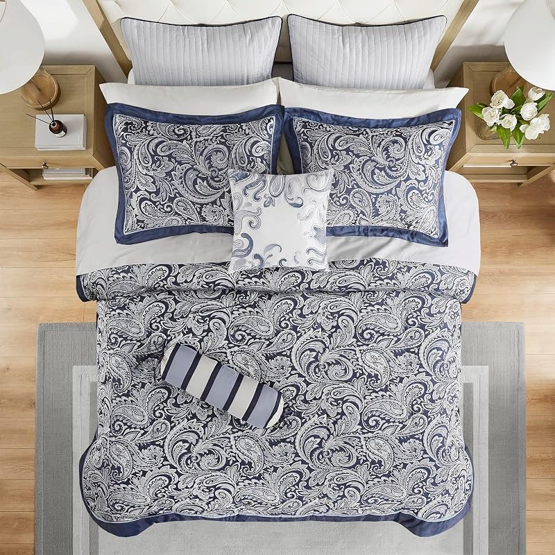 Madison Park Jacquard Queen Comforter Set with Cotton Sheets, Navy, 12pc image 3