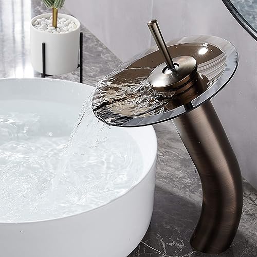 Grifo de baño en cascada de vidrio con una sola manija de latón macizo, lavabo de lavabo, alto, bronce aceitado