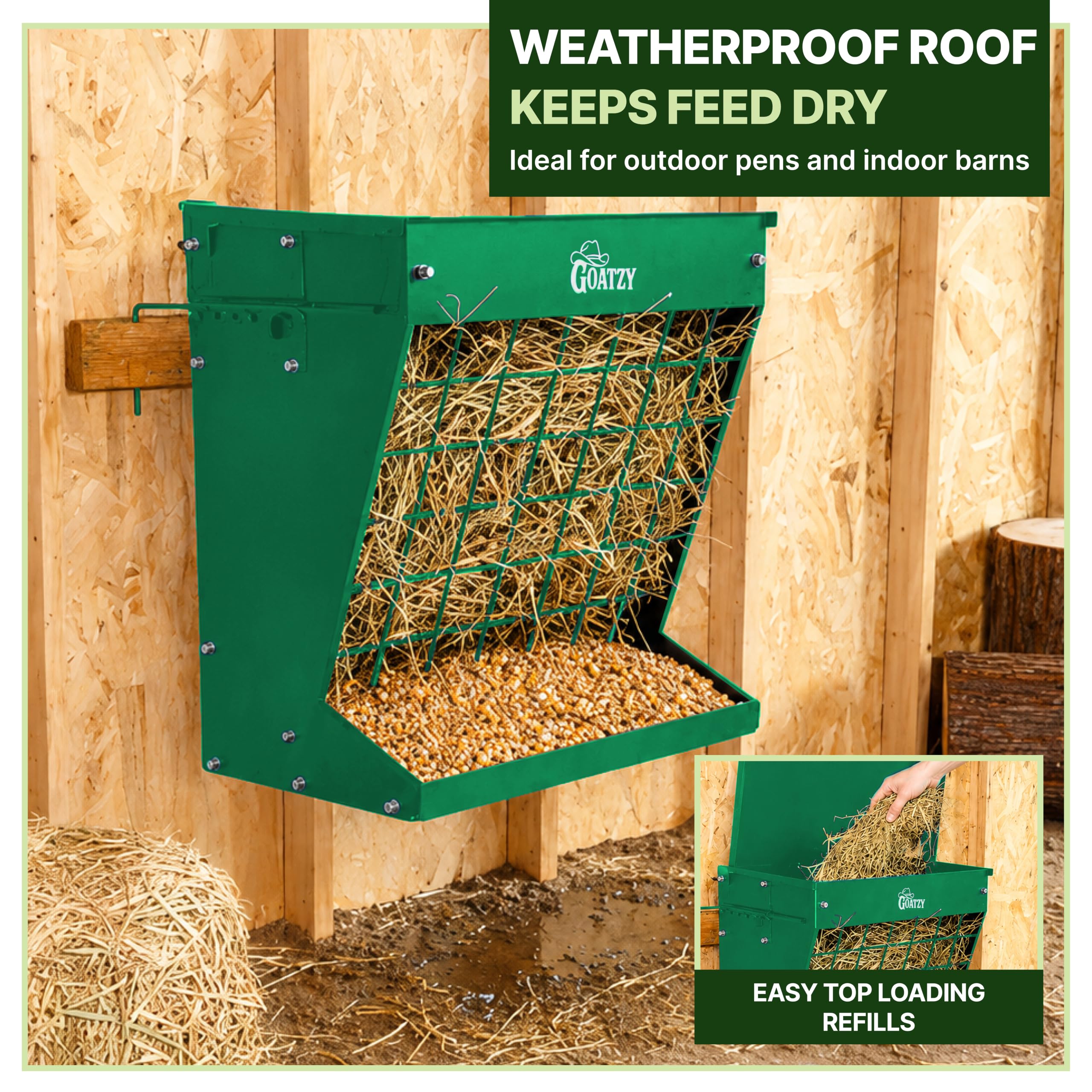 Mangiatoia per fieno a parete per capre, mangiatoia per fieno coperta per cavalli con tetto, 2 in 1 25 galloni fieno rack e grano, gancio appeso sul supporto per recinzione, alimentatore per