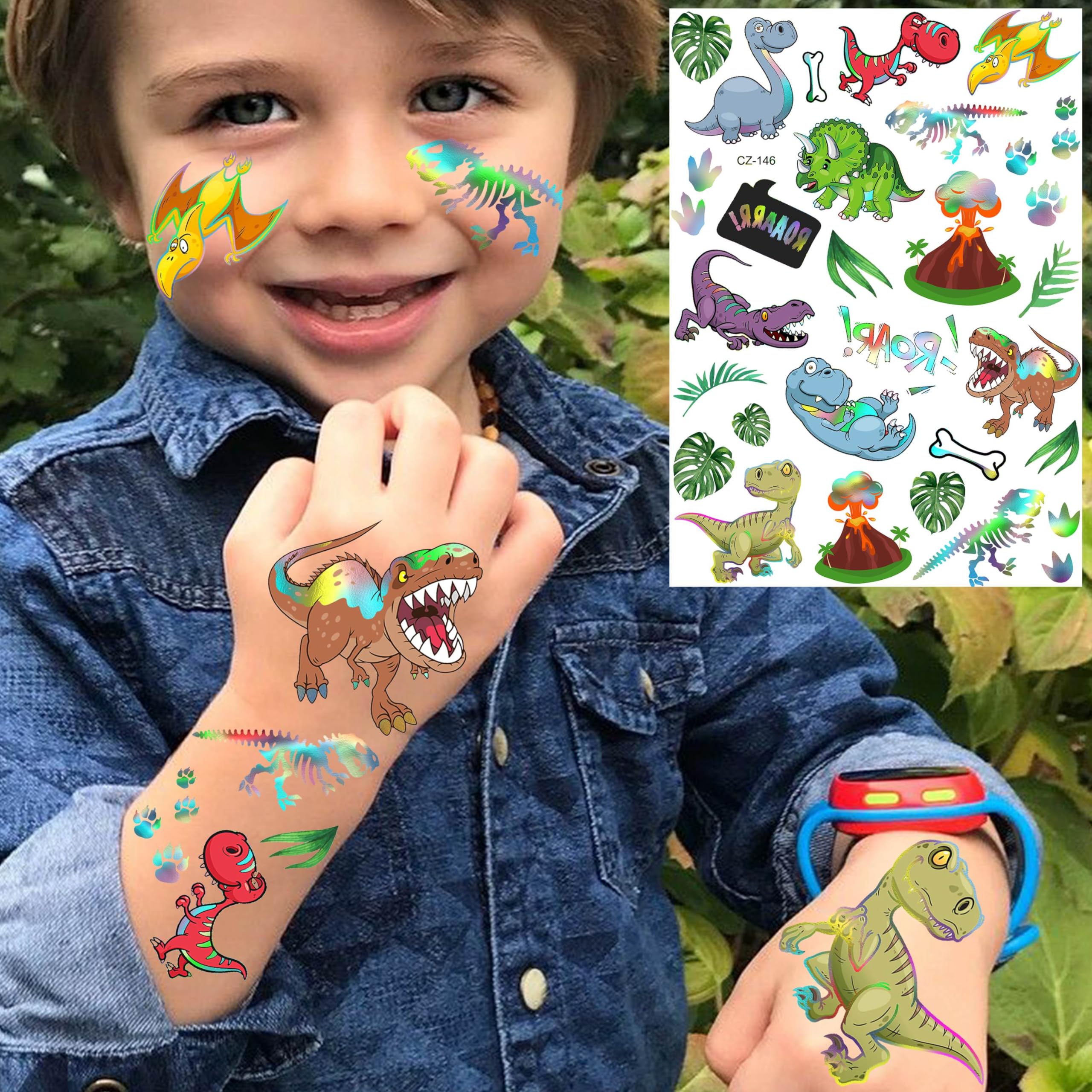 Iridescent Metallic Dinosaur Temporary Tattoos For Kids Boys Girls Teens - 3D 89+ Fake Glitter Dinosaur Tattoo Stickers, Cartoon Dino T-Rex Birthday Party Favor Supplies, Stocking Goodie Bags Stuffers