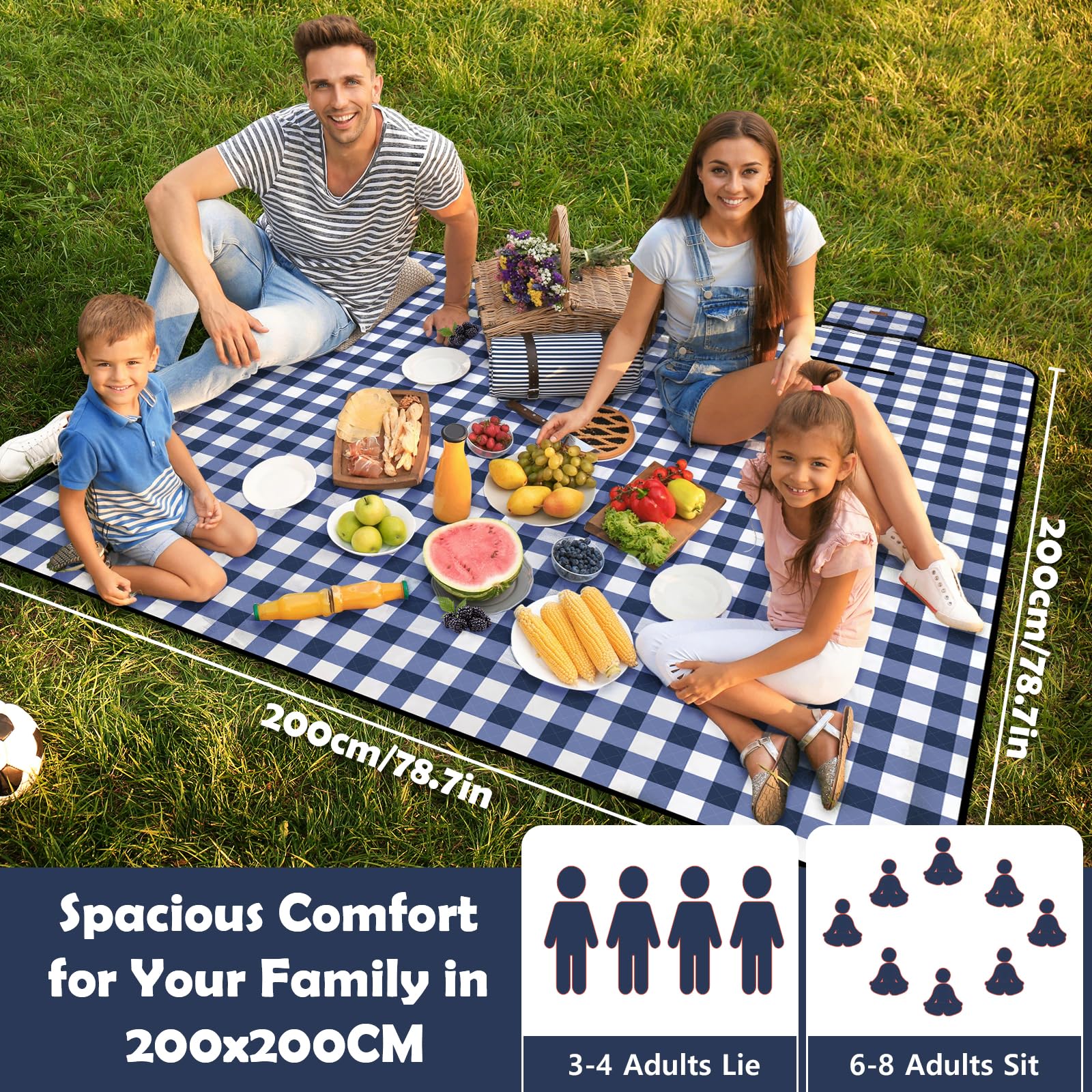 Picnic Blanket Waterproof, Extra Large Picnic Mat 200x200cm, Sandproof Washable Camping Beach Blanket, Camping Accessories for Outdoor Activities, Blue - 2