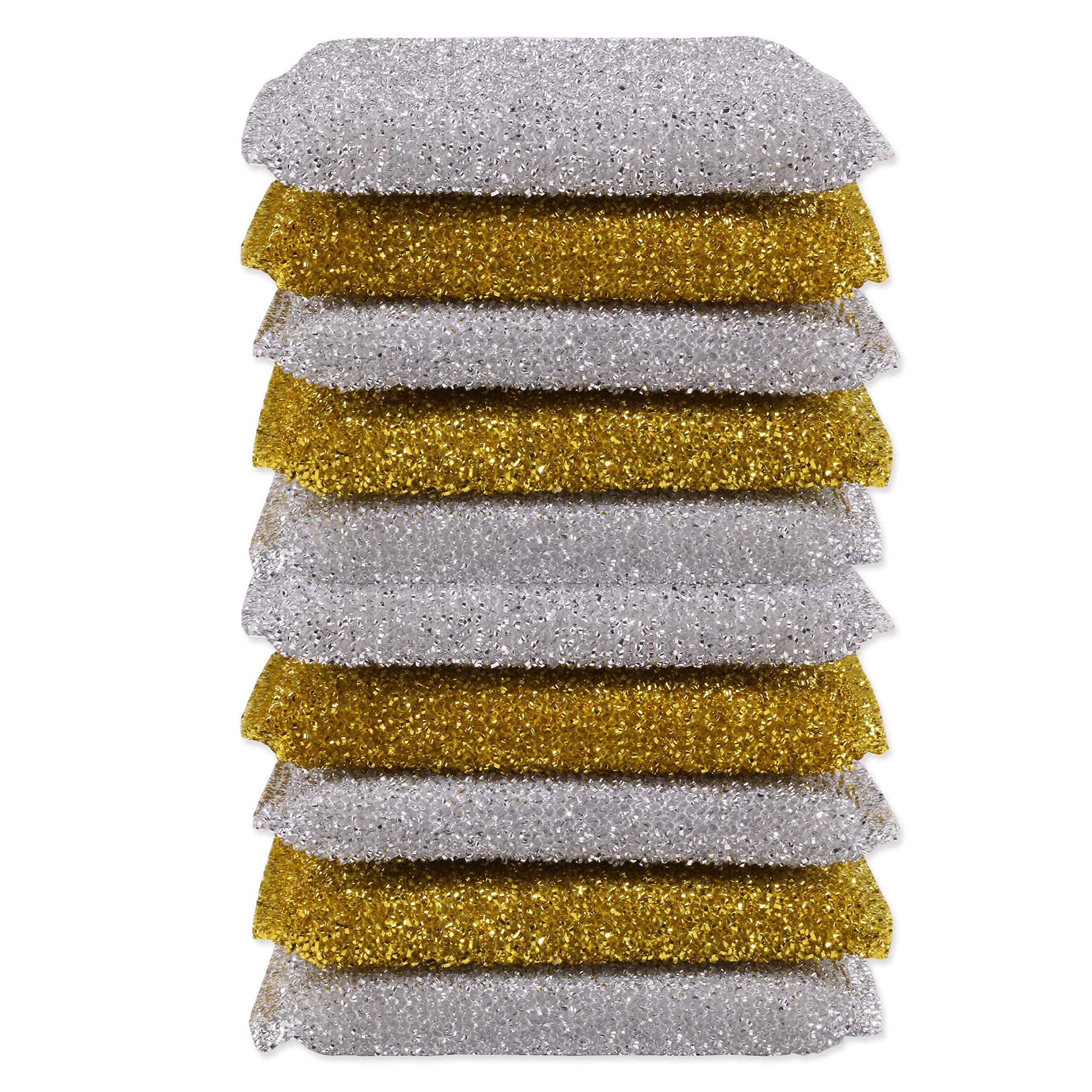 10x Non-Scratch Scouring Pads, Gold/Silver Metallic Non Stick Friendly Dish Pot Pan Scrubber Sponges