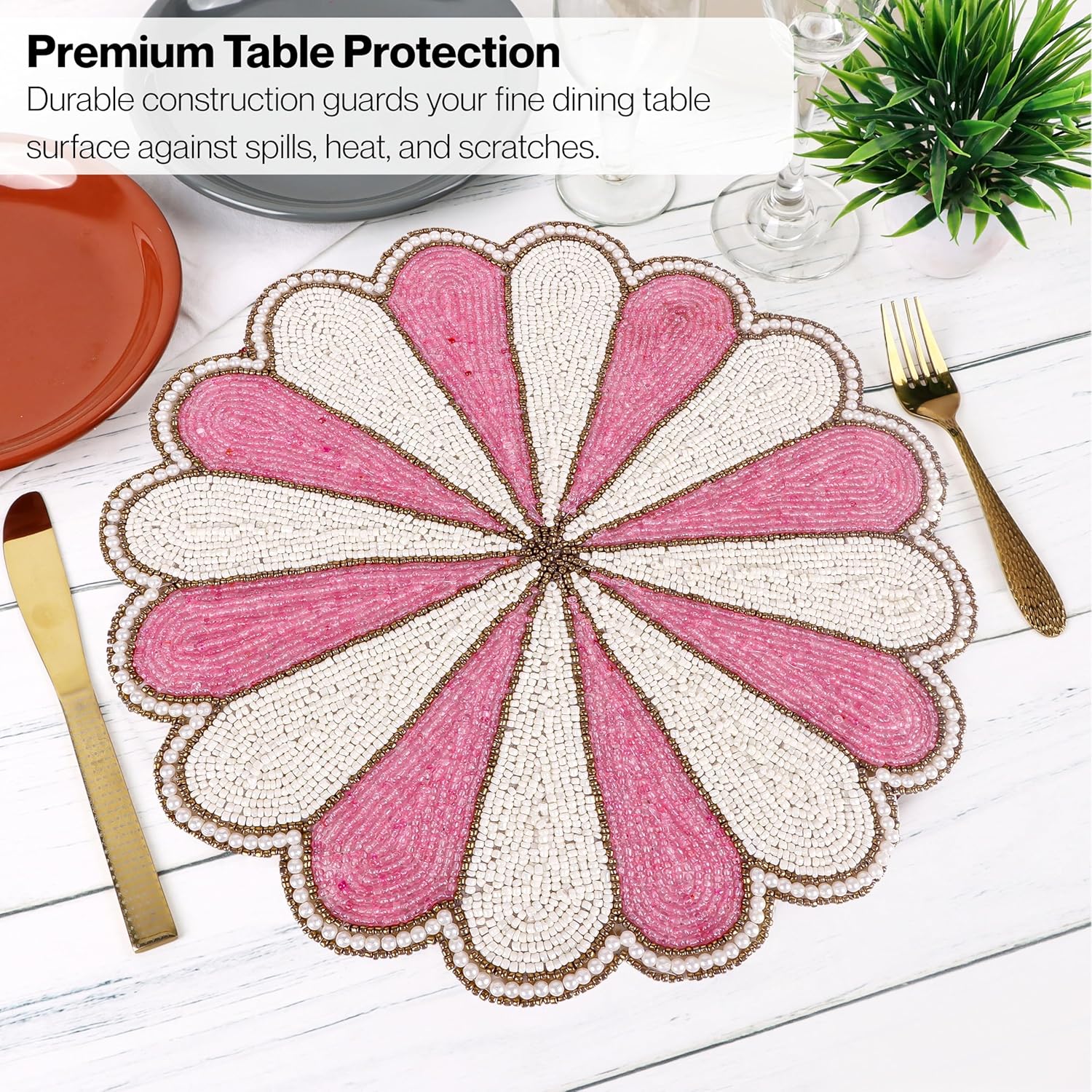 Decorative Beaded Table Mat - 13-Inch Placemat for Dining & Coffee Tables - Handcrafted Beaded Charger Plate - Elegant Place Mat for Dinner Parties & Home Décor (Pink White) - ALPHA Living HOME