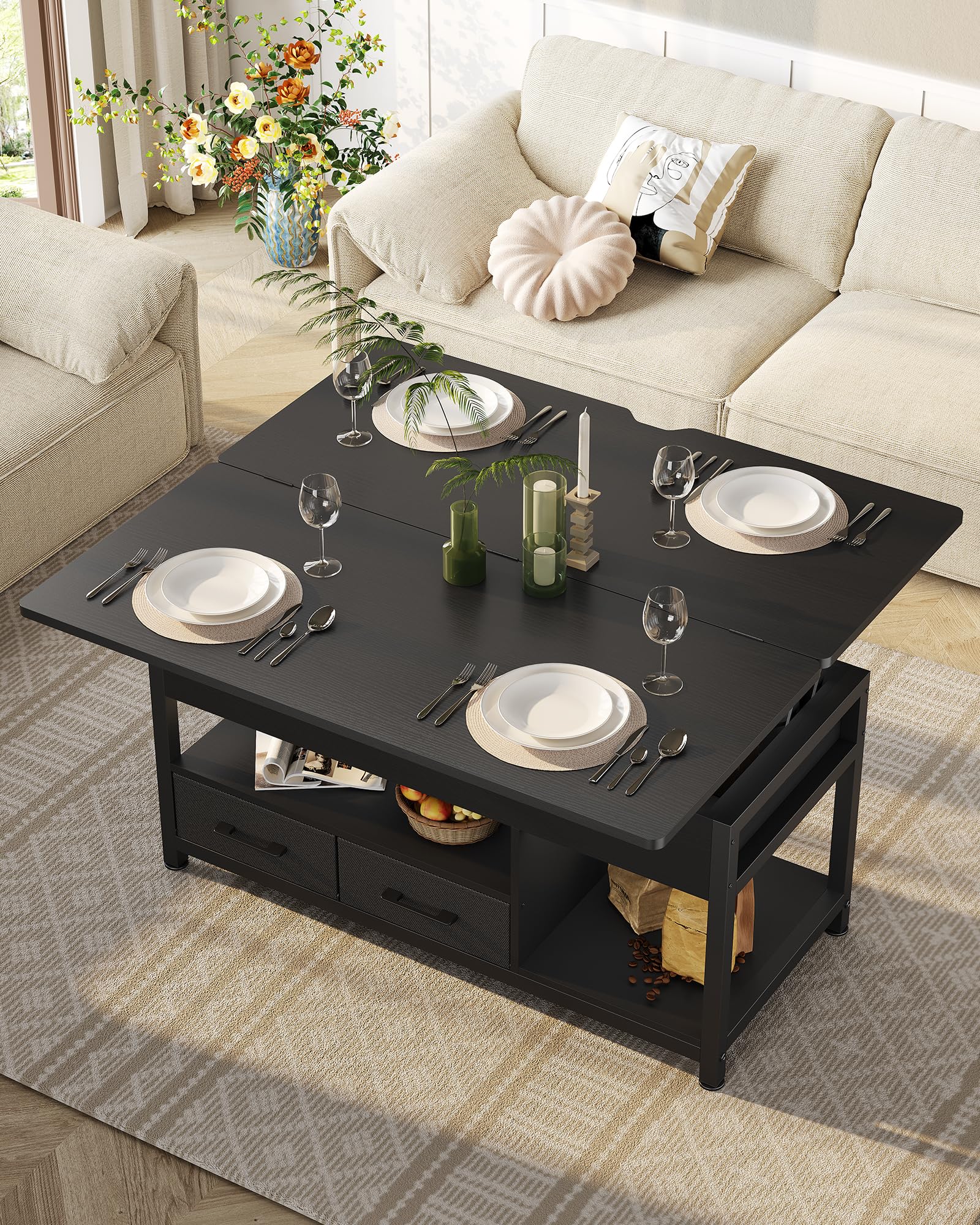 Couchtisch Höhenverstellbar, 3-in-1-Multifunktions-Wohnzimmertisch, Couchtisch mit 2 Schubladen, Kaffeetisch, Versteckte Aufbewahrung, Offenes Fach, Als Esstisch nutzbar, für Wohnzimmer, Büro, Schwarz