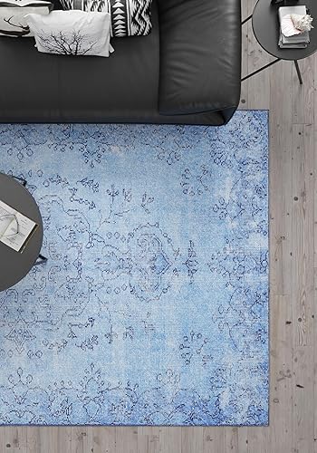 Miniatura 3 de Woolknot ENC1092 - Alfombra vintage azul para sala de estar, alfombra floral, turquesa, pequeña, lavable, bohemio, alfombra estampada envejecida con