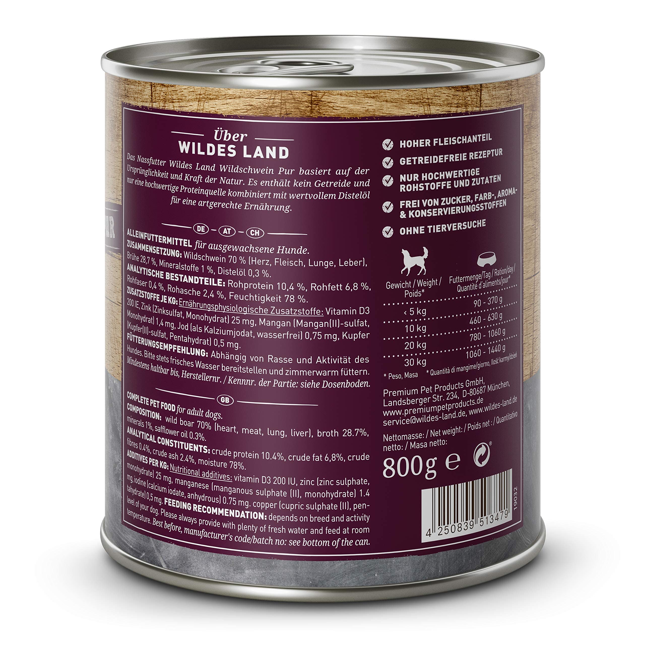 WILDES LAND – Wild | Nassfutter mit extra hohem Fleischanteil und natürlichen Zutaten für ausgewachsene Hunde. Alleinfutter ohne Zusatzstoffe in der Dose | 12x800g Wild