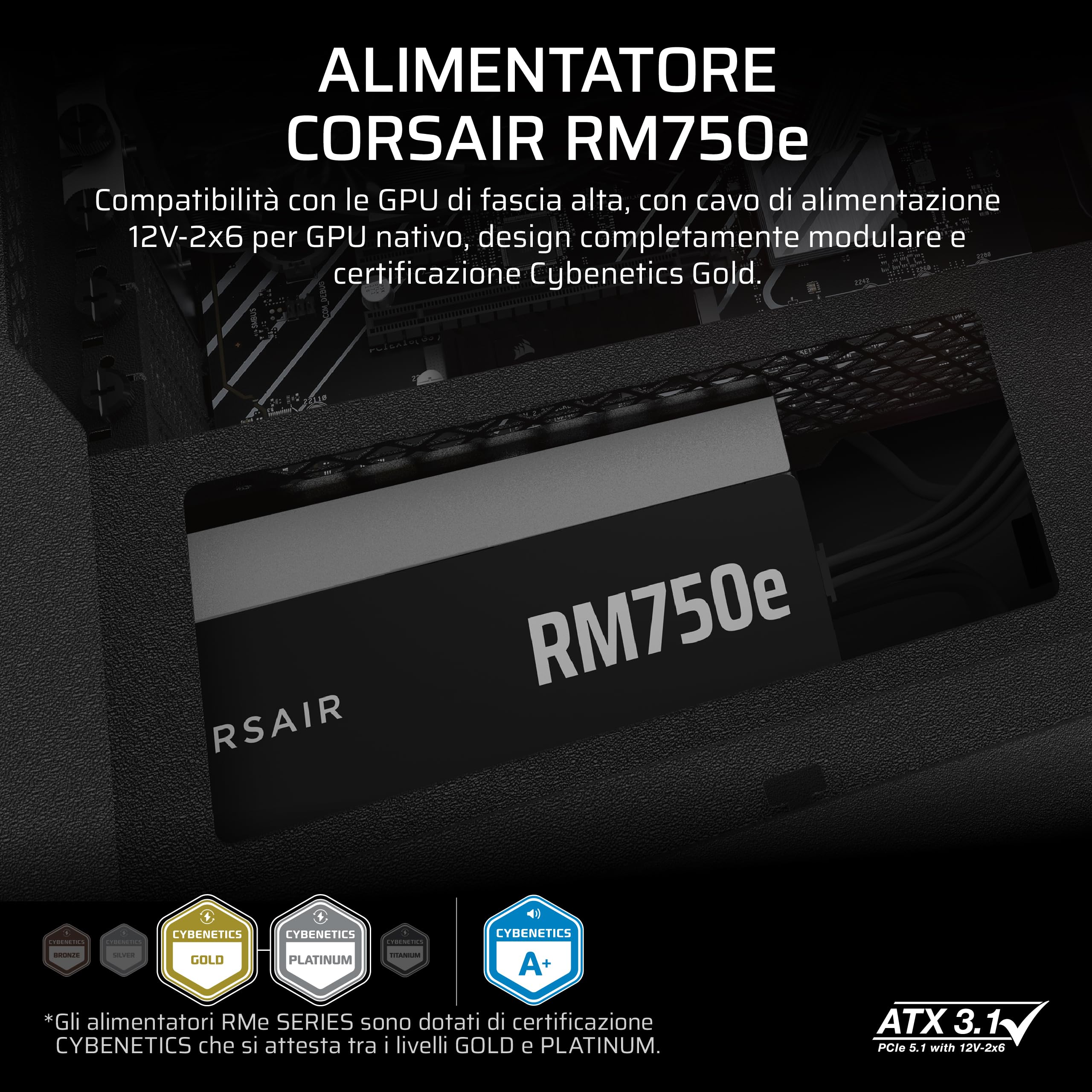 CORSAIR RM750e (2025) Alimentatore ATX completamente modulare a basso rumore con cavo 12V-2x6 - conforme a ATX 3.1 e PCIe 5.1, efficienza Cybenetics Gold, condensatori a 105°C - Nero