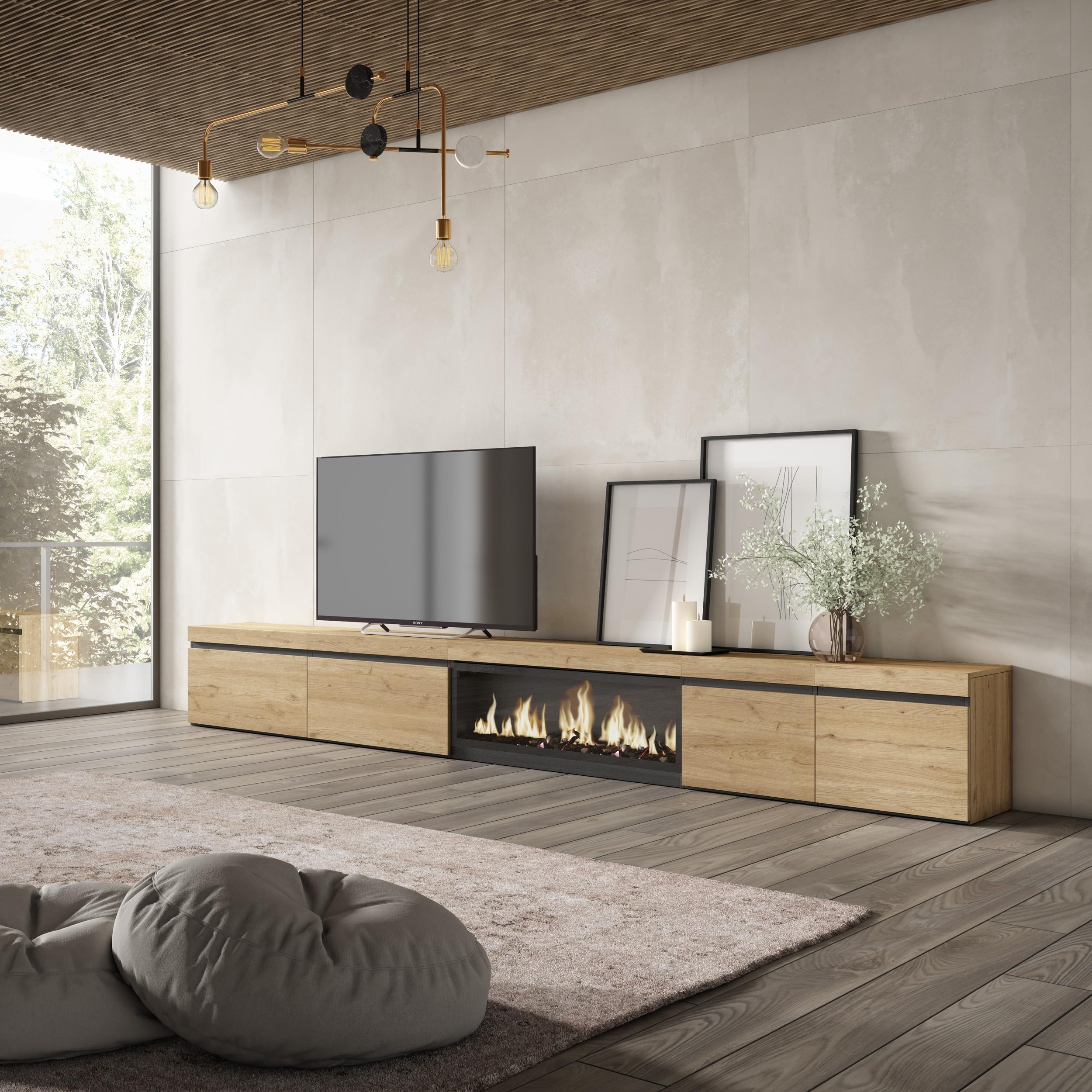 Skraut Home | Meuble TV | Banc Télé | Grand Espace de Rangement | 368x45x35 | Cheminée électrique XXL | Style Moderne | Chêne