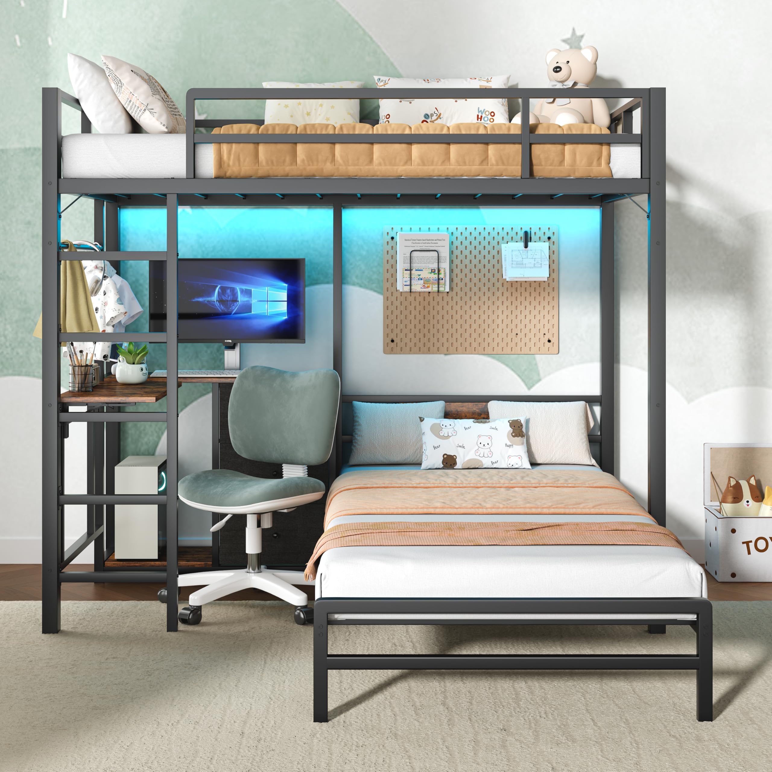 KEIKI Twin Size Metal Bunk Bed with Folding Table, 3 Storage Drawers, LED Lights & USB Charging Stations, Twin Over Twin Bed with Switchable Ladder,