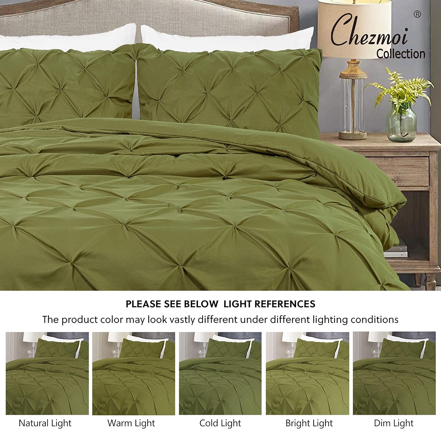 Chezmoi Collection Berlin Olive Green Pinch Pleat King Comforter Set, 3-Piece (Comforter and Pillow Shams) - Soft Pintuck, Lightweight All Season Microfiber Bedding