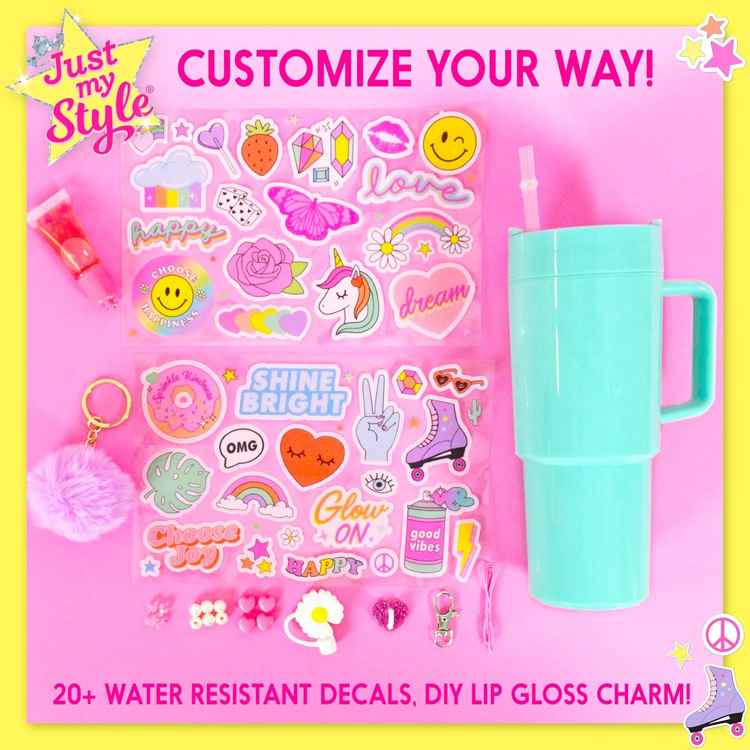Just My Style Trendy Tumbler Kit, Customize a 20 oz BPA Water Tumbler, 20+ Water-Resistant Decals, Flower Straw Charm, DIY Beaded & Fluffy Pom Keychain, Charm Hook Included, Back To School Girl Gifts