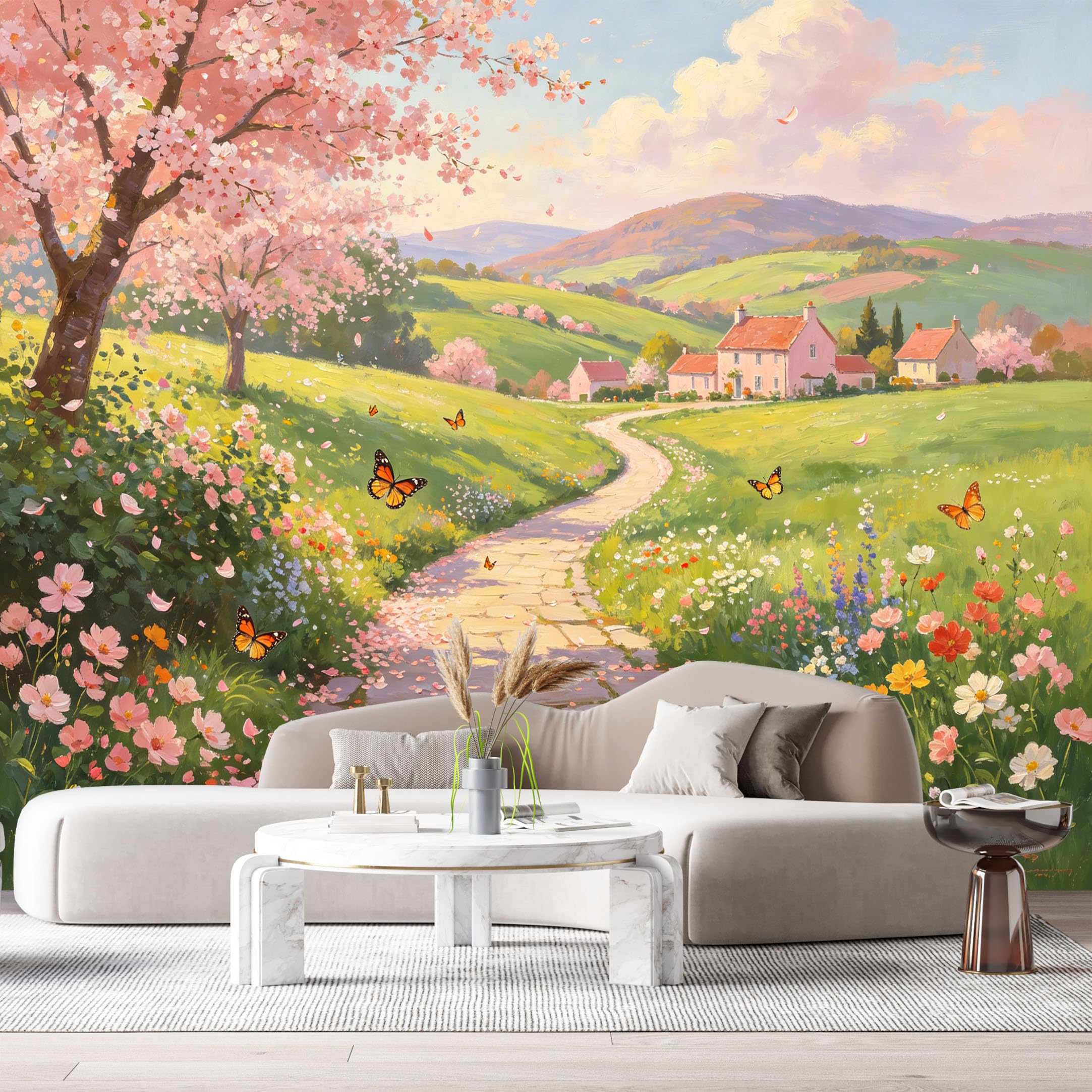 Custom Size Wall Murals Spring Cherry Blossom Farmhouse Oil Painting Pathway Squirrel Butterflies SelfAdhesive Wall Fabric Removable Large Wallpaper for Photo Living Room