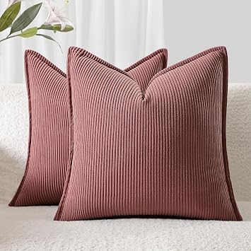 Corduroy Throw Pillow Covers 16x16 Set of 2 Boho Decorative Pillow Covers for Couch, Sofa, Bed Soft Square Cushion Covers for Living Room Decor No Insert Brown