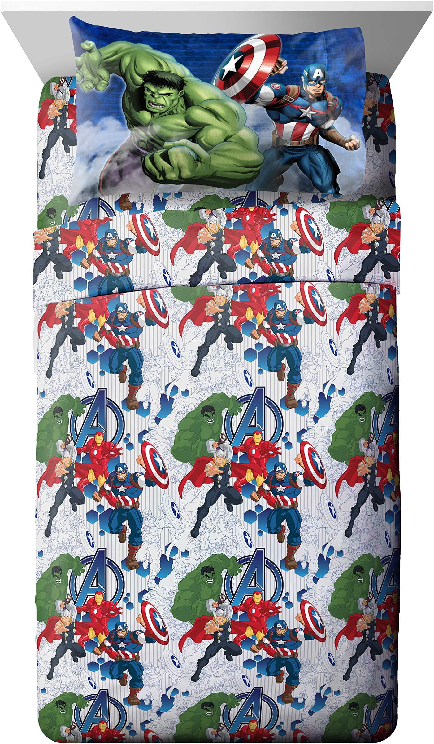 Jay Franco Kids Sheet Cartoon Set with Fitted, Flat Sheets & Pillow Cover - Ultra-Soft Bedding with Pillowcase for Room Decor, Blue - Avengers, 3 Piece Twin