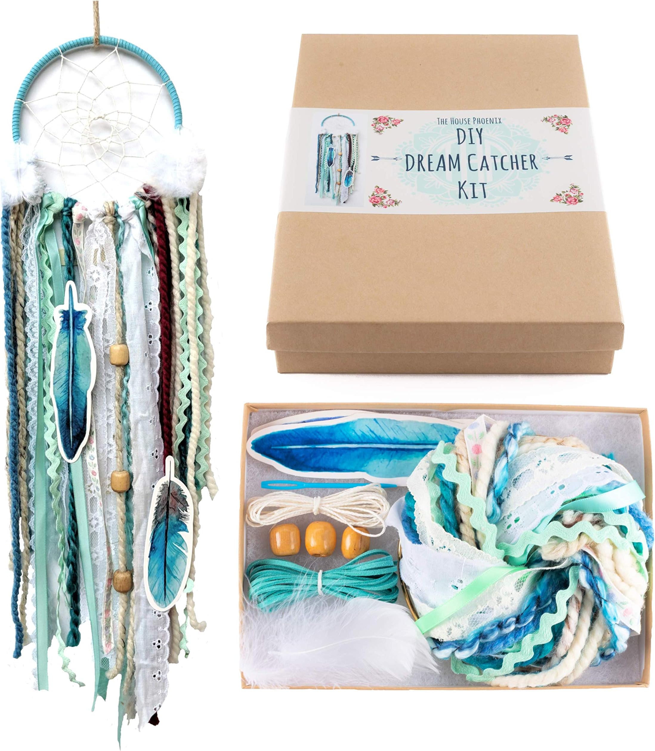 DIY Dream Catcher Craft Kit Project Gift Box Set Aqua Blue Boho Wall Hanging Stocking Stuffer Christmas Gift for Kids