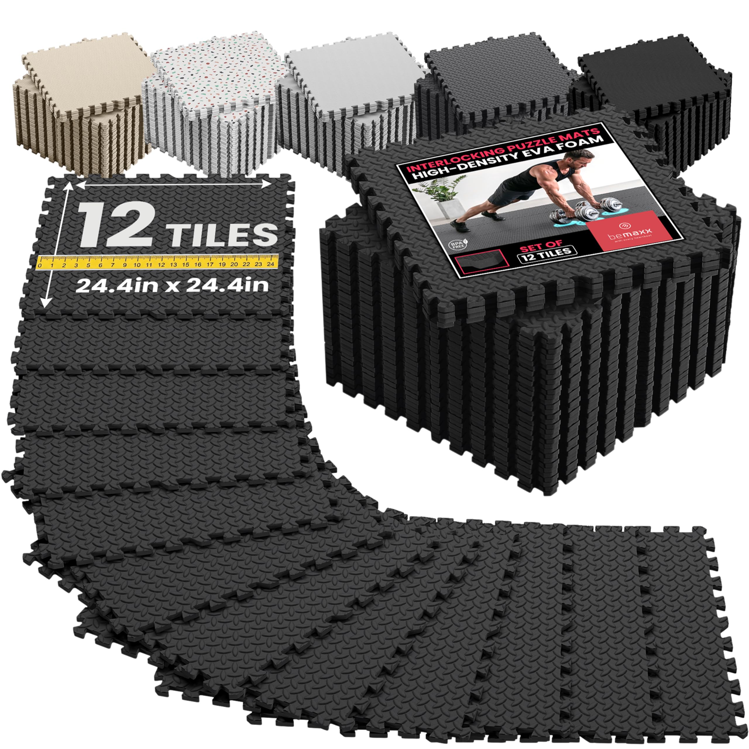 bemaxx Gym Mats Set - 12 pcs EVA Interlocking Foam Floor Tiles (24.4"x24.4"x0.4") 48 sqft Protective Gym Flooring Sports Home Workout Exercise Mats Puzzle Garage Fitness Play-Room Pool Treadmill Bike