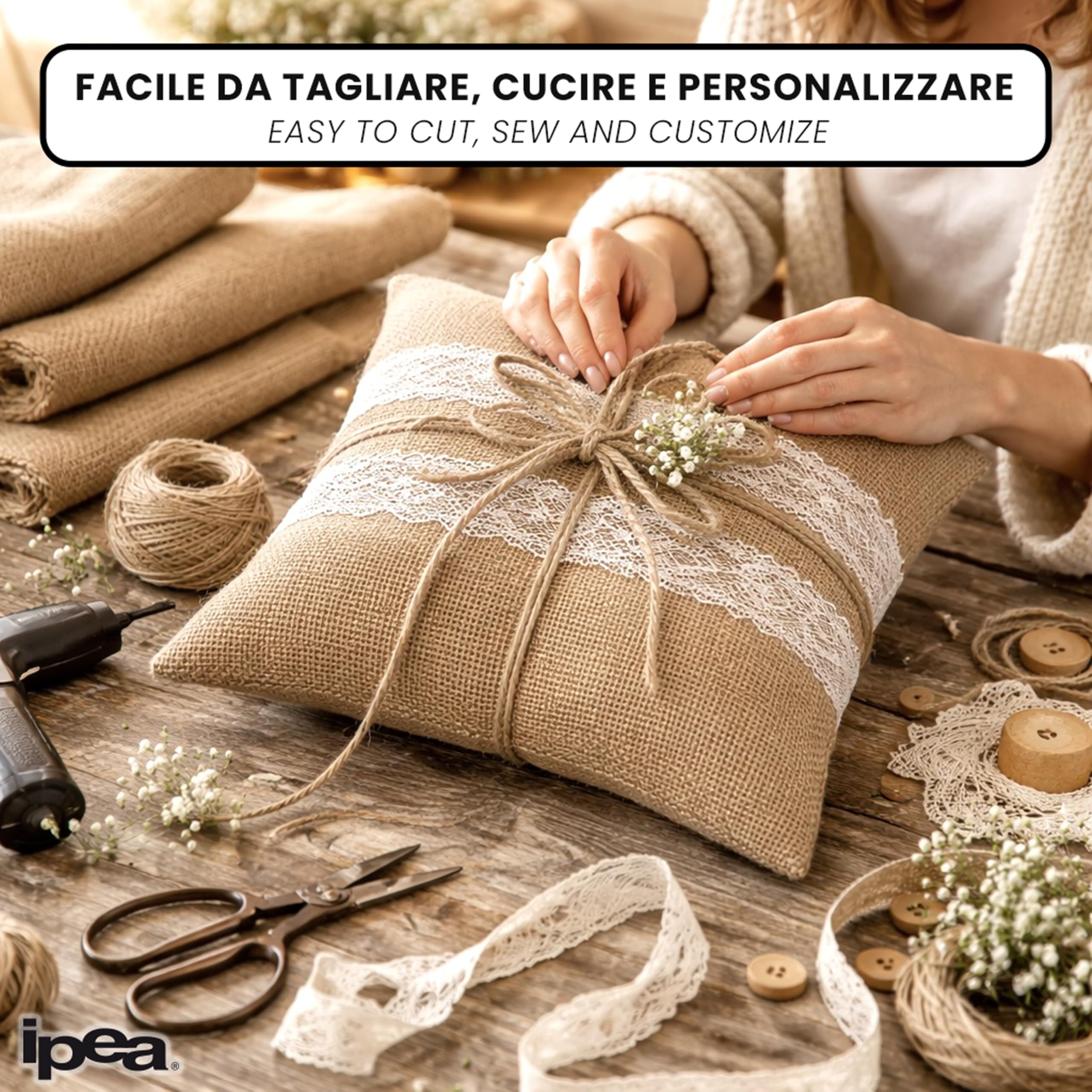 IPEA Tela in Juta Naturale al 100% – [ Grandezza 140 x 120 cm ] – Tessuto in Vera Iuta – Telo per Tappezzeria, Decorazioni, Accessori, Feste, Creazioni, Fai da Te – Fibra Naturale – Ideale per Eventi