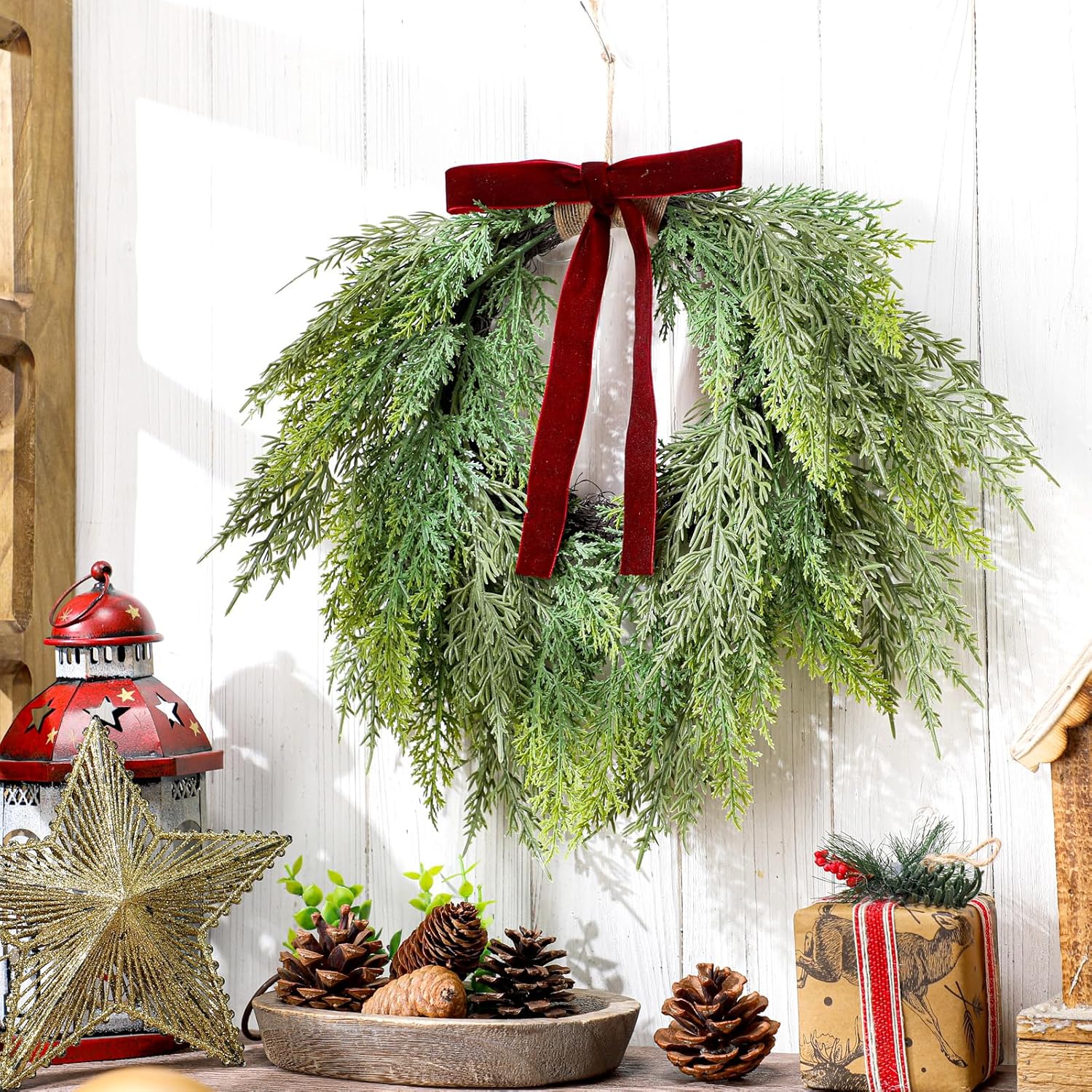 13.8" Christmas Artificial Cedar Wreath with Burgundy Velvet Bow Green Christmas Draping Oval Cedar Wreath for Front Door, Wall, Windows Indoor Outdoor Winter Festival Farmhouse Home Decor - Image 2