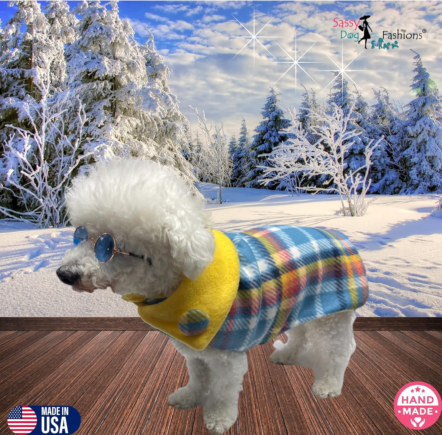 Rainbow Plaid Fleece Dog Coats, Custom Fleece Dog Sweater with Harness Hole, D-Ring and Name Embroidery, Standard fit and Alteration Options for Hard to fit Girls & Boys Small-Medium-Large Dogs