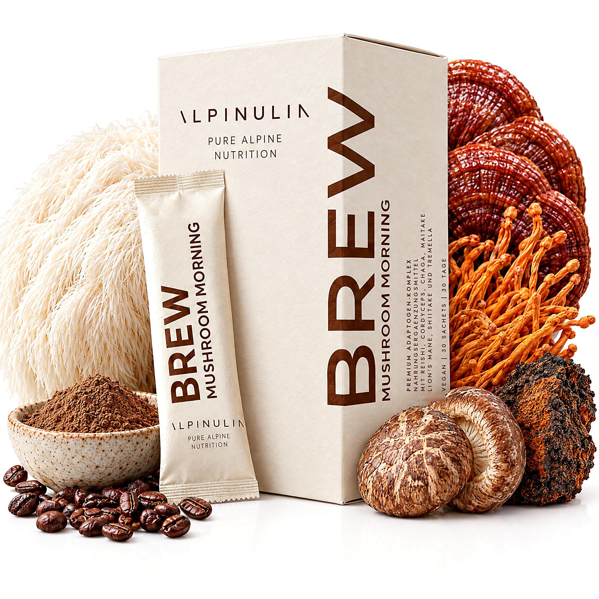 ALPINULIN Pilzkaffee Mushroom Coffee – 7 Pilze, 20 mg Koffein, 30 Sachets | Mushroom Brew: 1.750 mg Pilzextrakte ≈ 13.000 mg Pilze pro Sachet – Löwenmähne, Reishi, Chaga, Cordyceps, Kokos & MCT