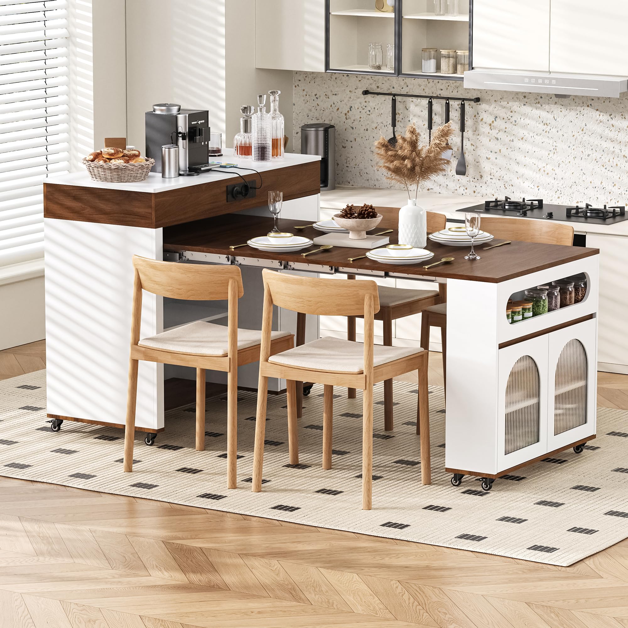 îLot De Cuisine Sur Roulettes,îLot De Cuisine RéTractable,Table Multiprises 1 Tiroir Et 3 Portes D'Armoire Sert D'îLot De Buffet Ou De Table De Bar Pour La Cuisine Et La Salle à Manger,Blanc + Noyer