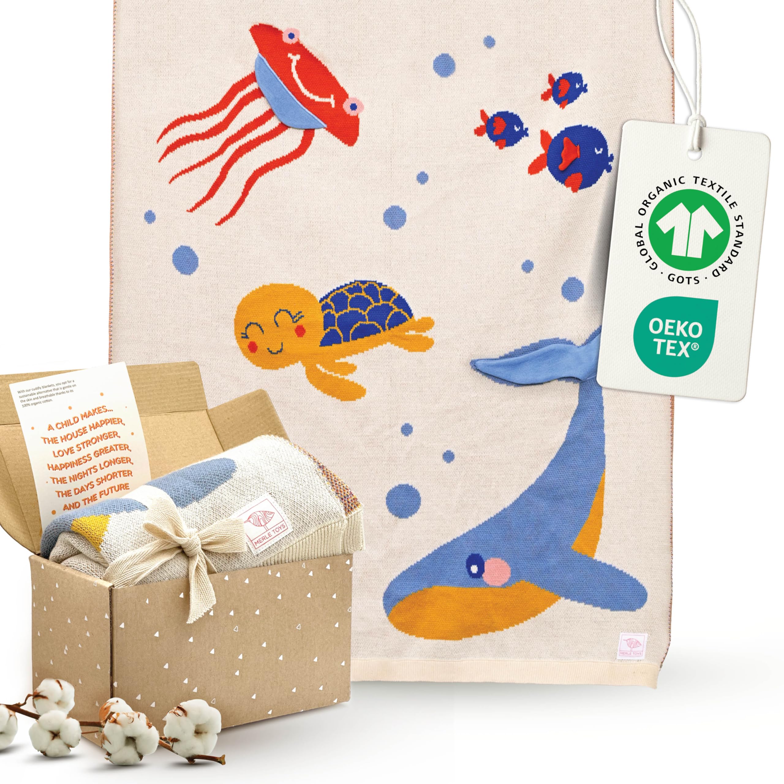 Merle Toys® Babydecke Baumwolle, 100% Bio - GOTS & Oeko-TEX Zertifizierte Strickdecke, Baby Decke für Neugeborenen, Geschenke zur Geburt Mädchen & Jungen, Kuscheldecke Baby, Meereswelt 3D