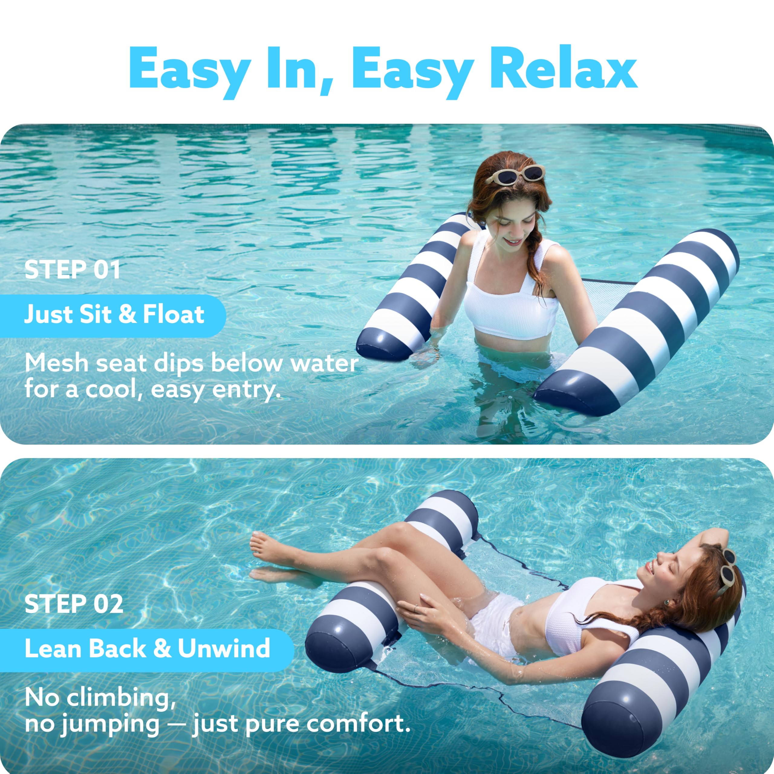Hamaca tipo tira para adultos, 4 en 1, flotadores inflables multiusos para piscina, hamaca de agua de PVC (tira - azul marino) 3