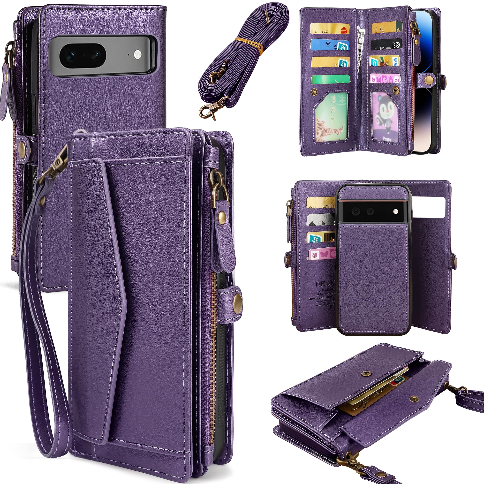 DKDKSIP for Google Pixel 8a Wallet Case for Women, Pixel 8a Case with RFID Blocking Card Holder, Leather Zipper Wallet Detachable Magnetic Phone Case with Crossbody Strap, Purple