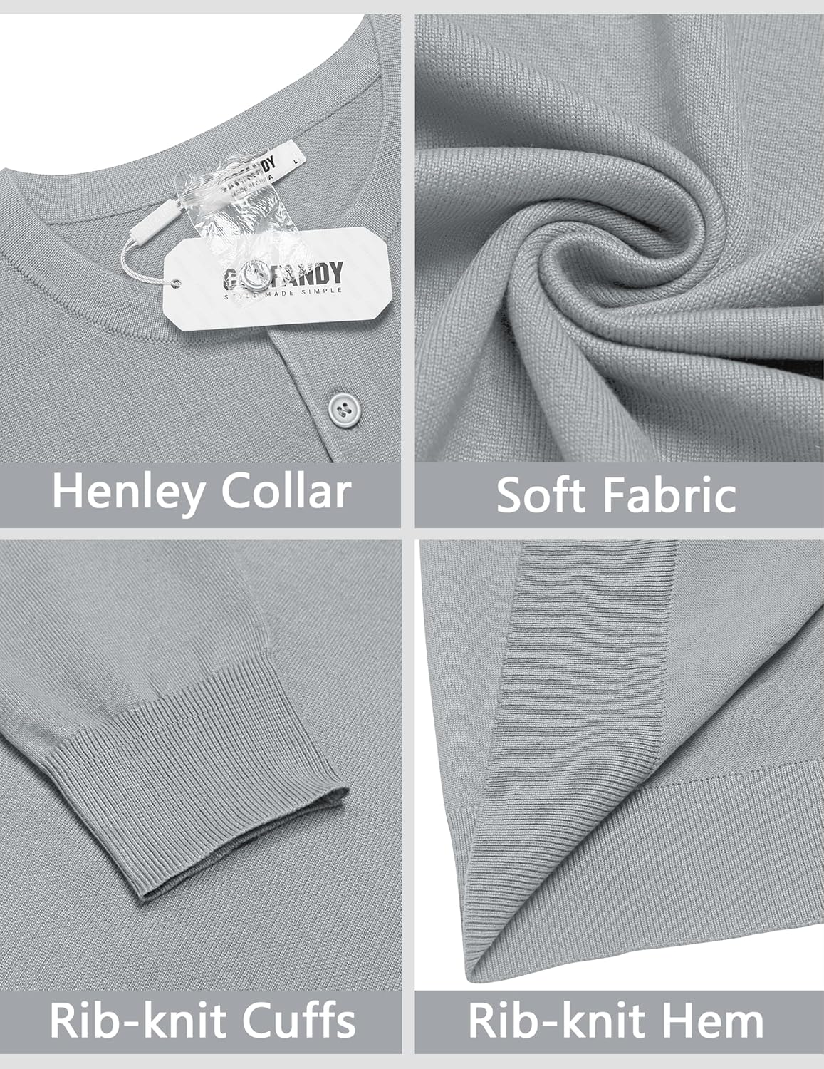 COOFANDY Mens Knit Henley T-Shirts Dress Long Sleeve Sweater Casual Collarless Quarter Button Pullover - Image 6