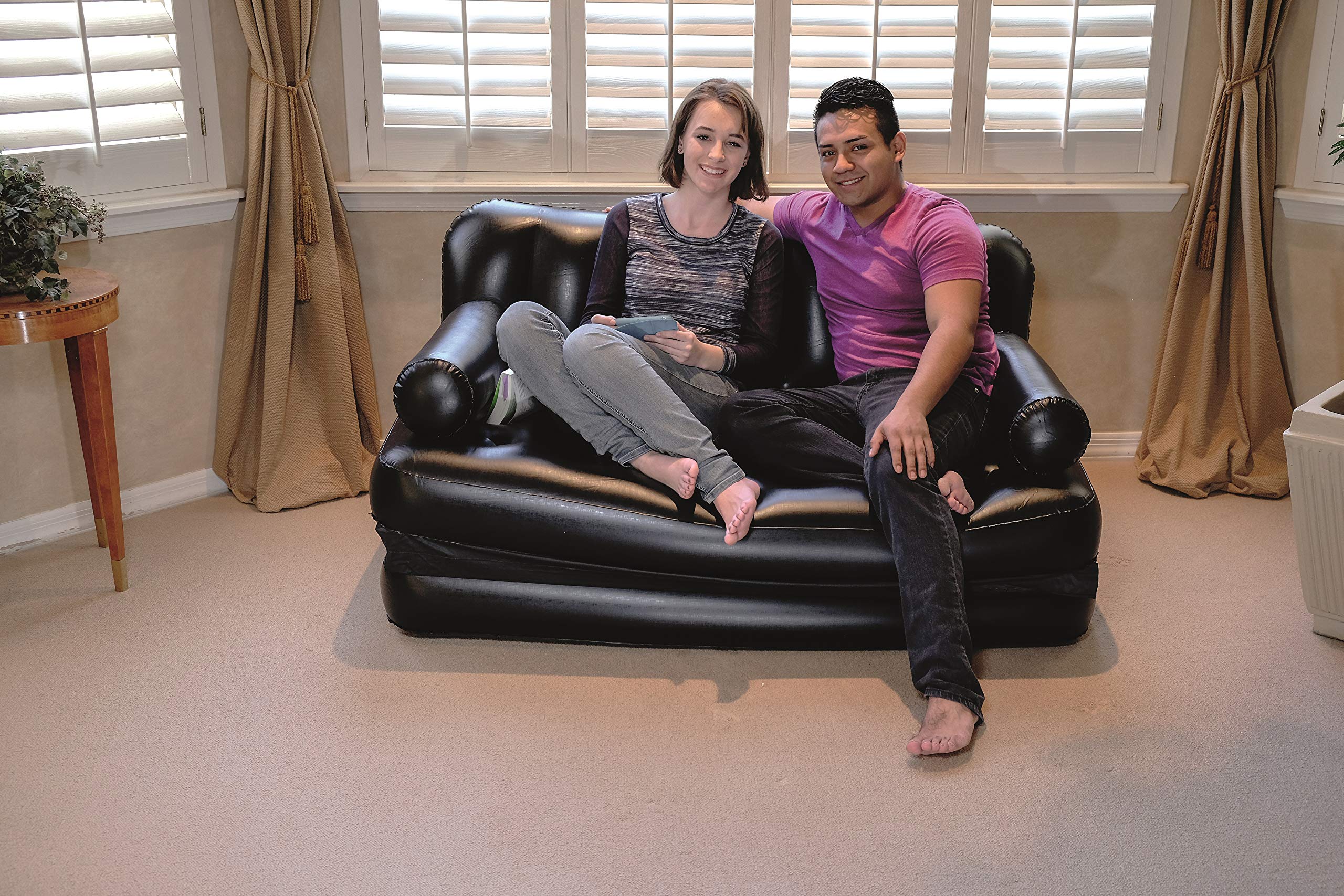 Whitecloud TRANSFORMING HOMES® 5 in 1 Multifunctional Couch Inflatable Queen Size Sofa Cum Air Bed Mattress with Electronic Pump (188x152x64 cm, 75056) Black