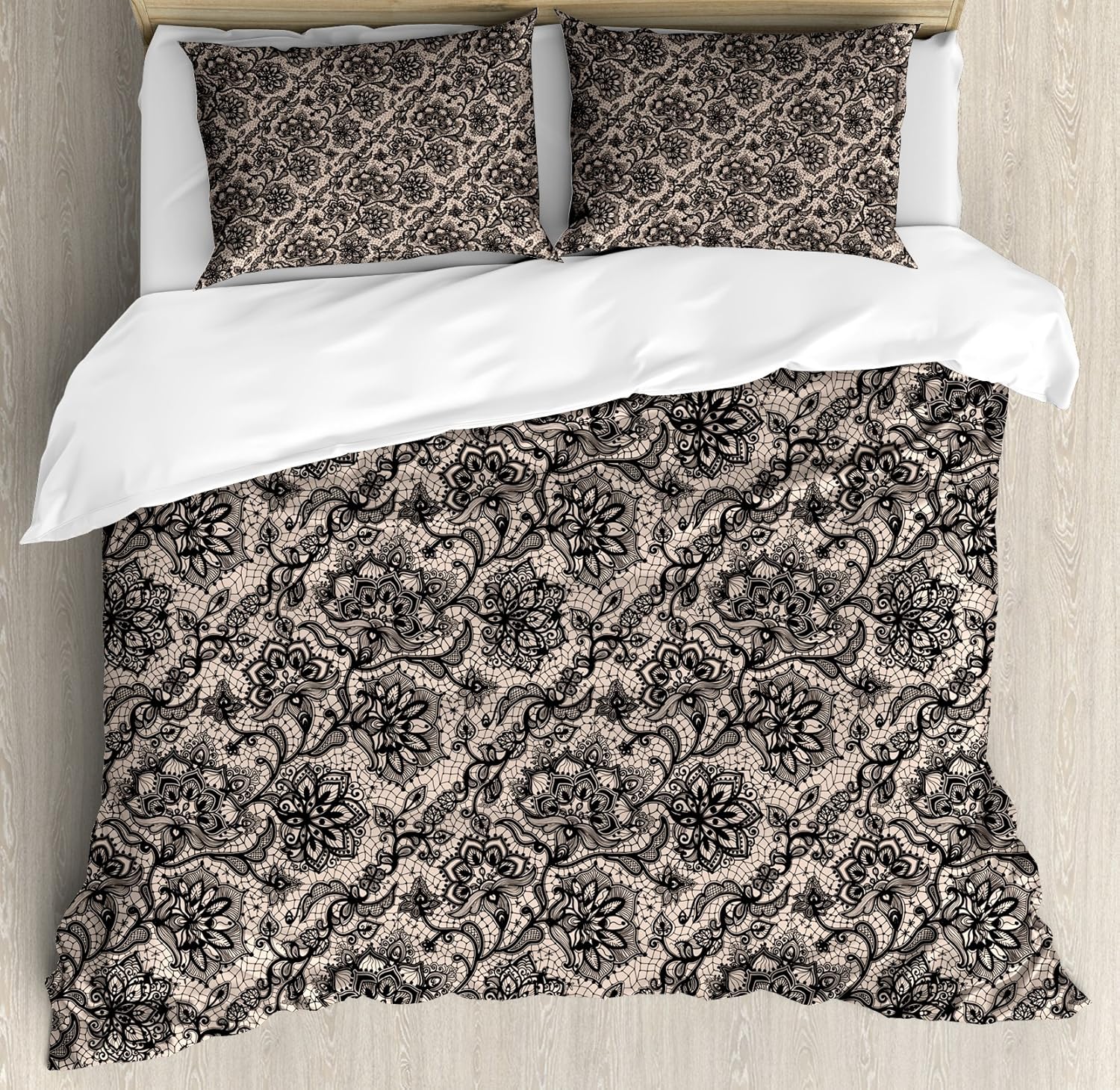 Ambesonne Gothic Duvet Cover Set, Abstract Graphic Lace Pattern Flowers Butterflies Old Fashioned Nature Inspired, Decorative 3 Piece Bedding Set with 2 Pillow Shams, Queen Size, Tan Black King Tan Black