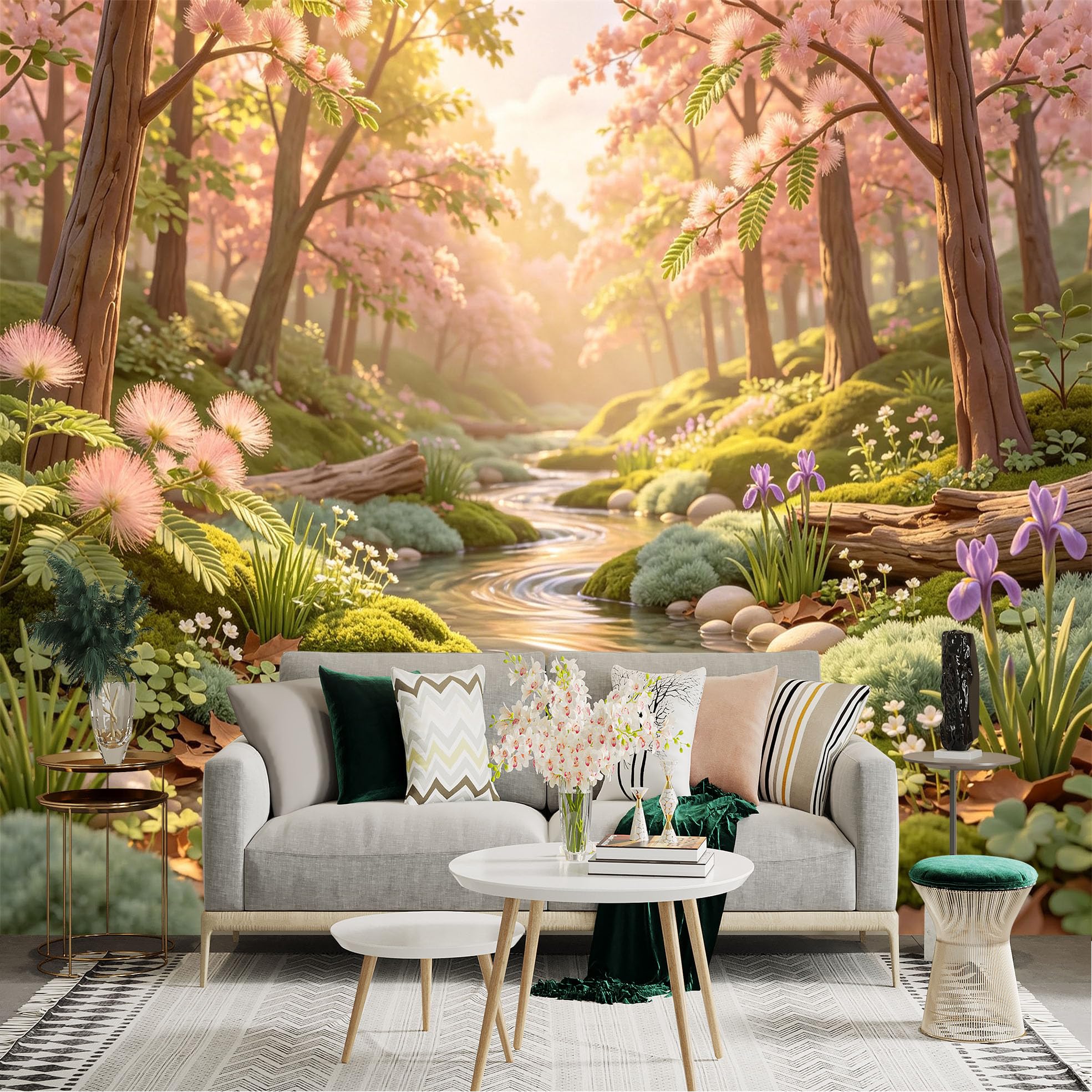 Lnzczhyre Bh260719177 Custom Size Wall Sticker Mural， Enchanted Spring Forest With Blooming Trees And Tranquil River， For Wall Decoration， Peelandstick Wall Decals.