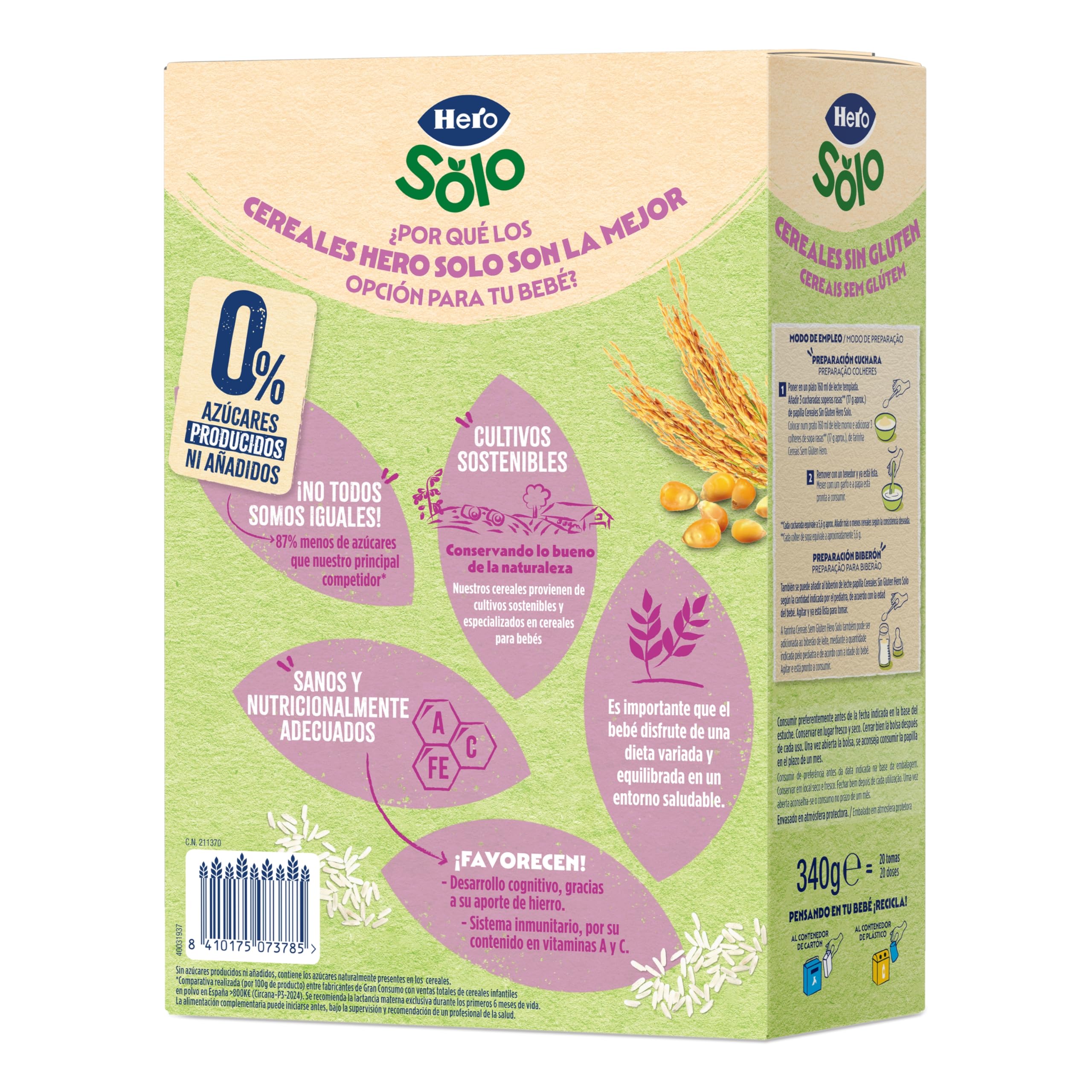 Hero Solo Papilla Cereales Sin Gluten ni Azúcares Añadidos, Rica en Fibras y Vitaminas, Sabor natural para Bebés, a partir de 4 meses