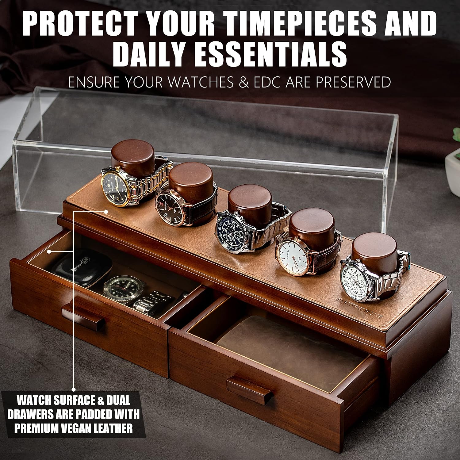 Parkway Home Solid Oak Watch Box Organizer for Men & Women - Lined with Luxe Vegan Leather for Watches and Drawers, Provides Clear Acrylic Watch Display Case for up to 5 Watches, Storage (Brown)