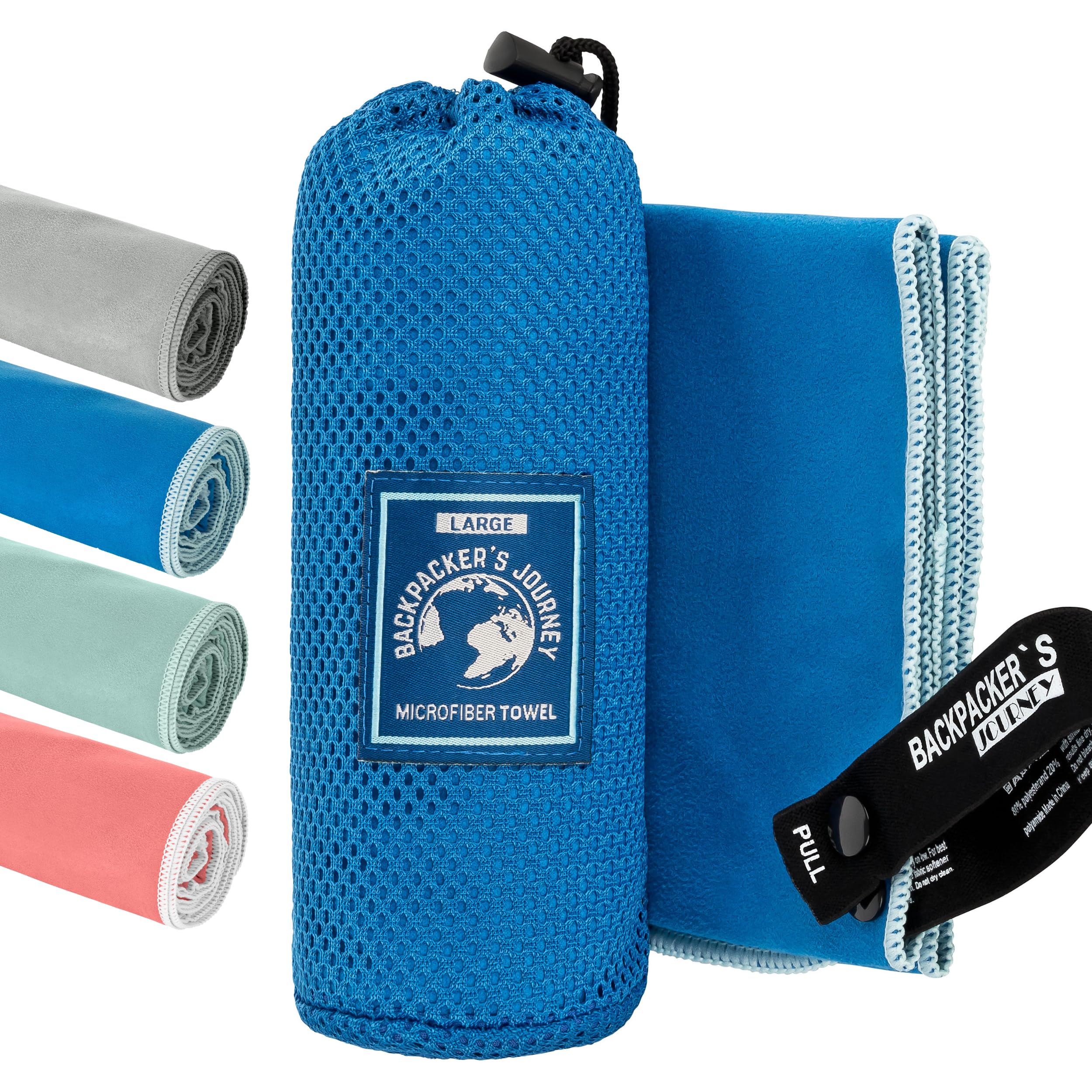 Backpacker's Journey Mikrofaser Handtücher in S M L XL. Reisehandtuch Sets leicht, schnelltrocknend, saugfähig und antibakteriell (blau L&M)