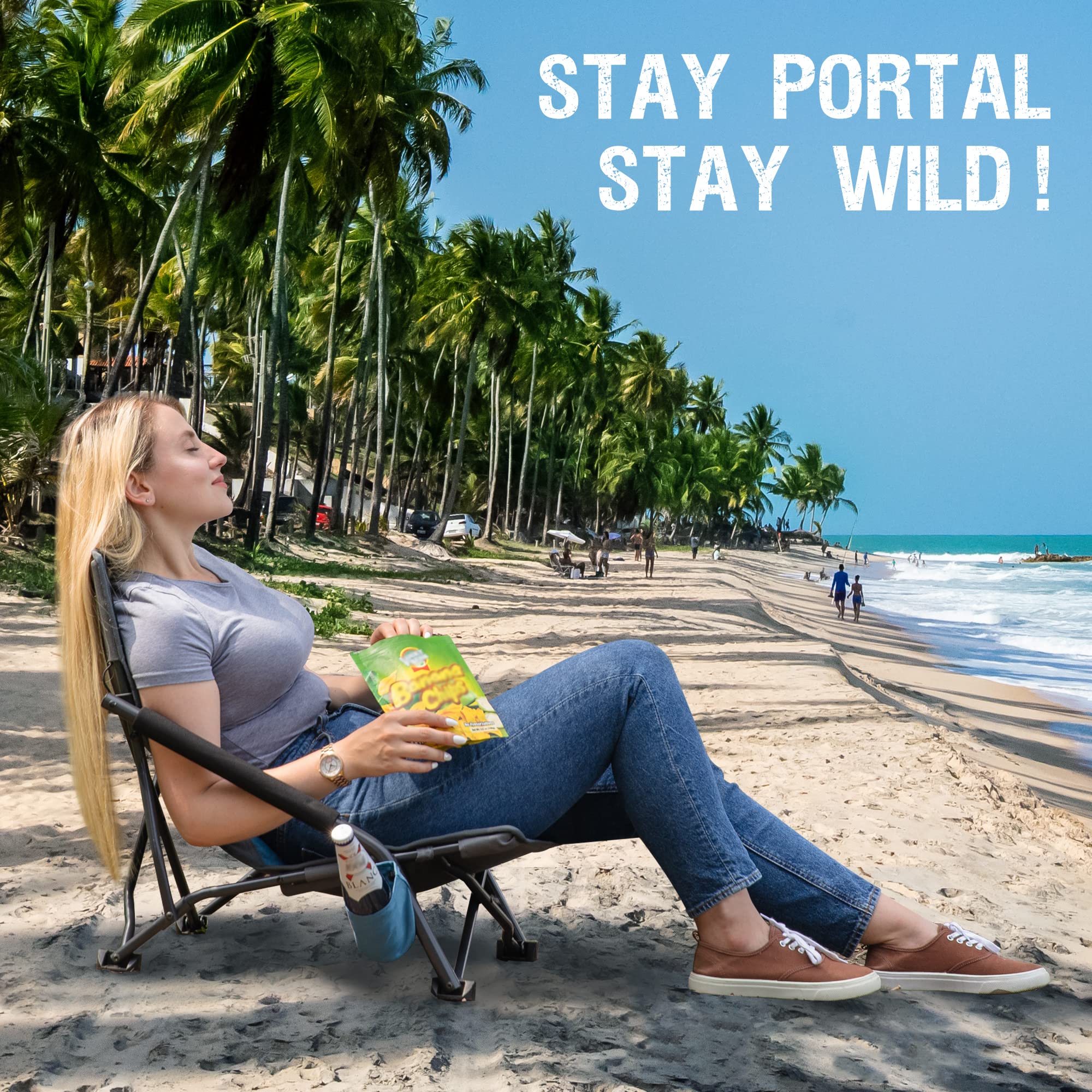 PORTAL Beach Chairs for Adults Camping Low Lightweight Portable Chair with Cup Holder Carry Bag for Outdoor Sand Lawn Travel Picnic Festival Concert, 300LBS (1, Blue, 22" L x 20" W x 24.6" H)