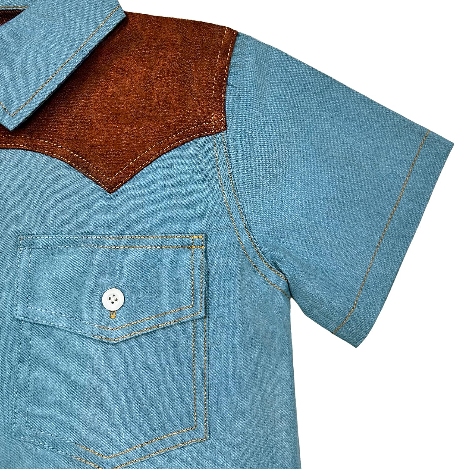 YesFashion Boys Western Cowboy Shirt Short Sleeve Denim Cotton Button Down Shirts with Suede Shoulder