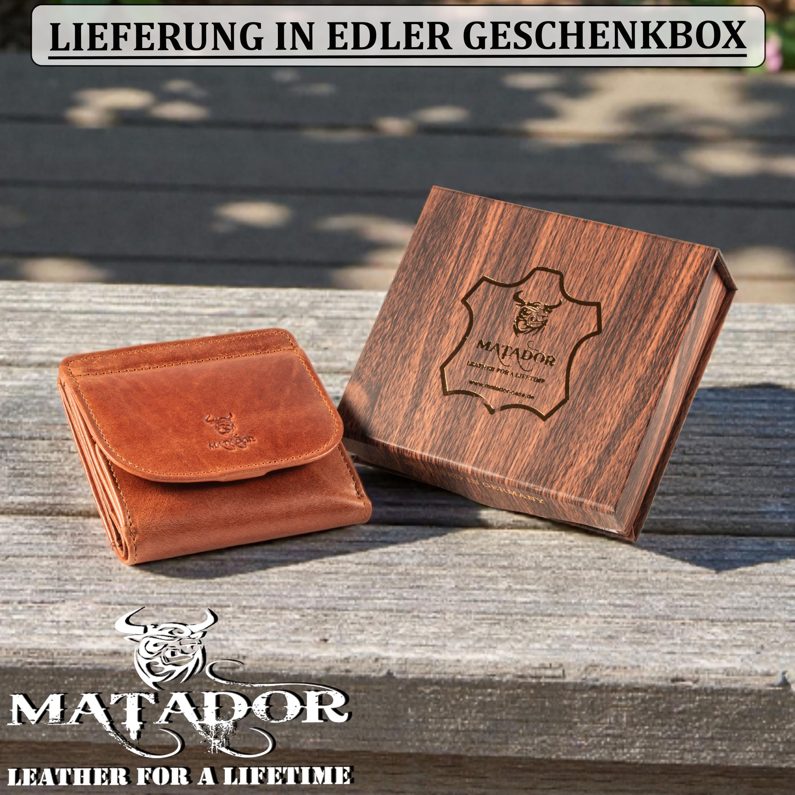 Matador Kleine Wiener Box - Mini Ledergeldbörse für Damen und Herren mit RFID Blocker - mit Geschenkverpackung