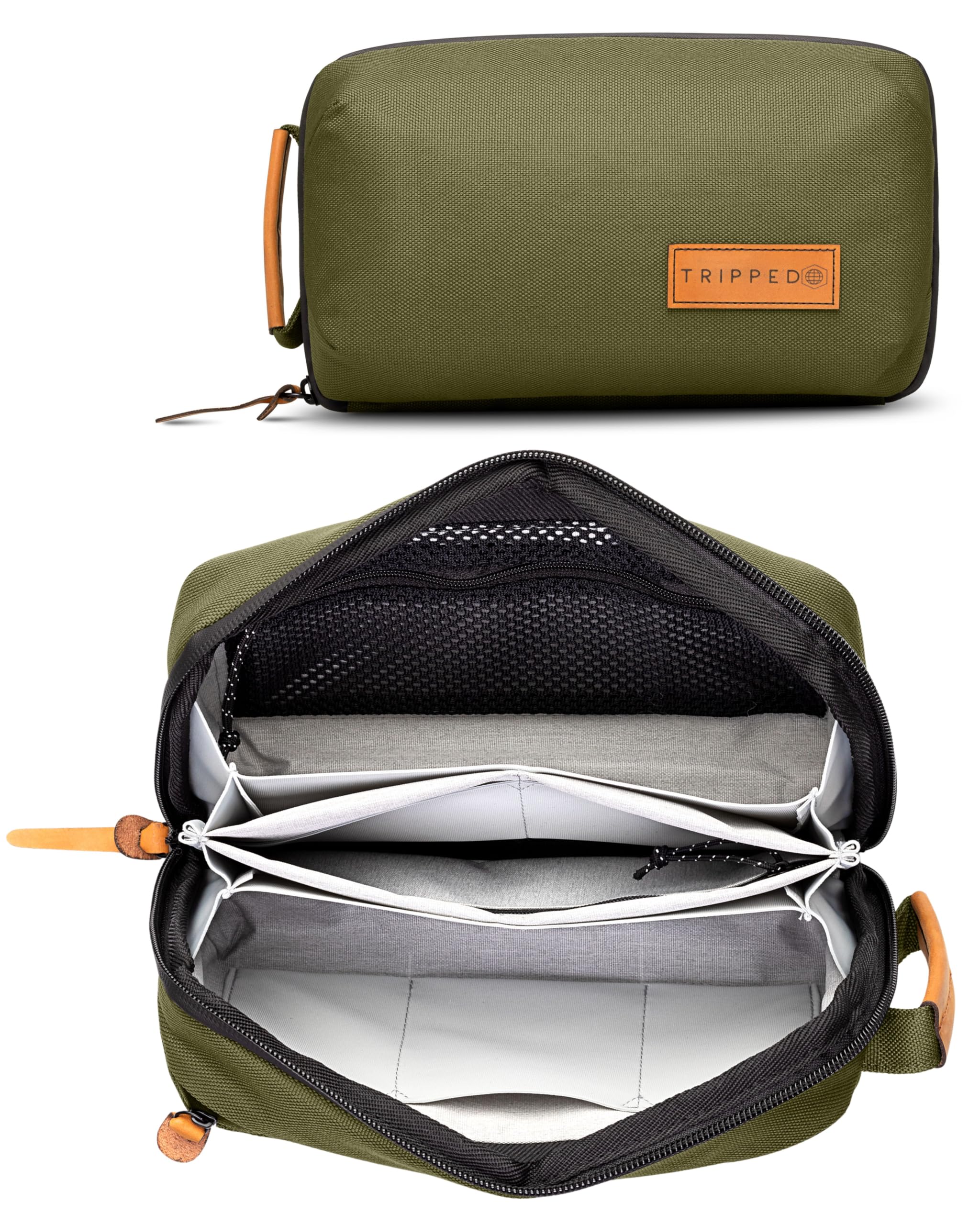 TRIPPED Travel Gear Tech Bag Organizer – Piccola custodia da viaggio per elettronica – Custodia da viaggio di alta qualità con dettagli in pelle – Tasca in rete per cavi, cavi e caricabatterie